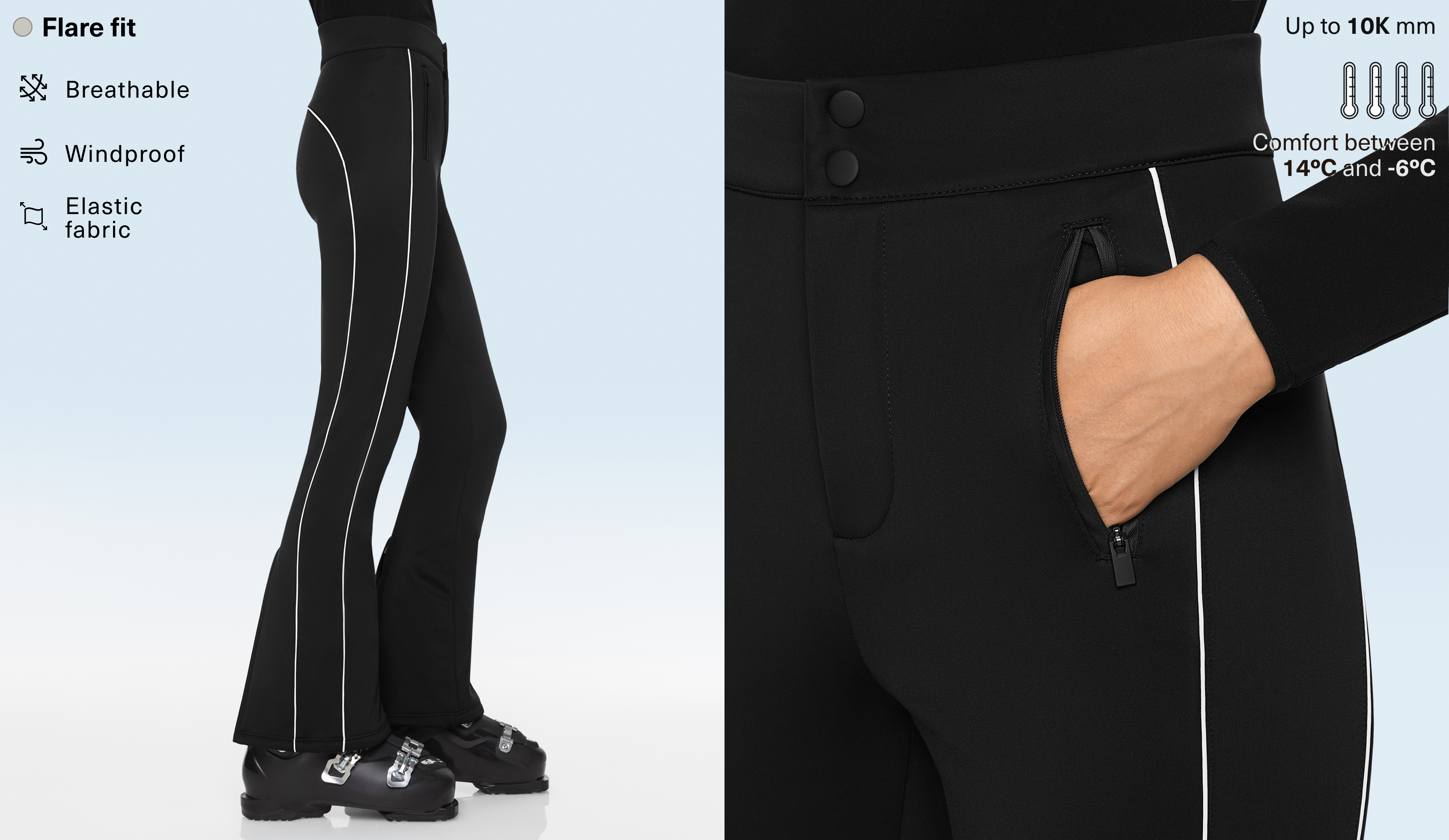 Water-resistant SKI flare trousers with piping