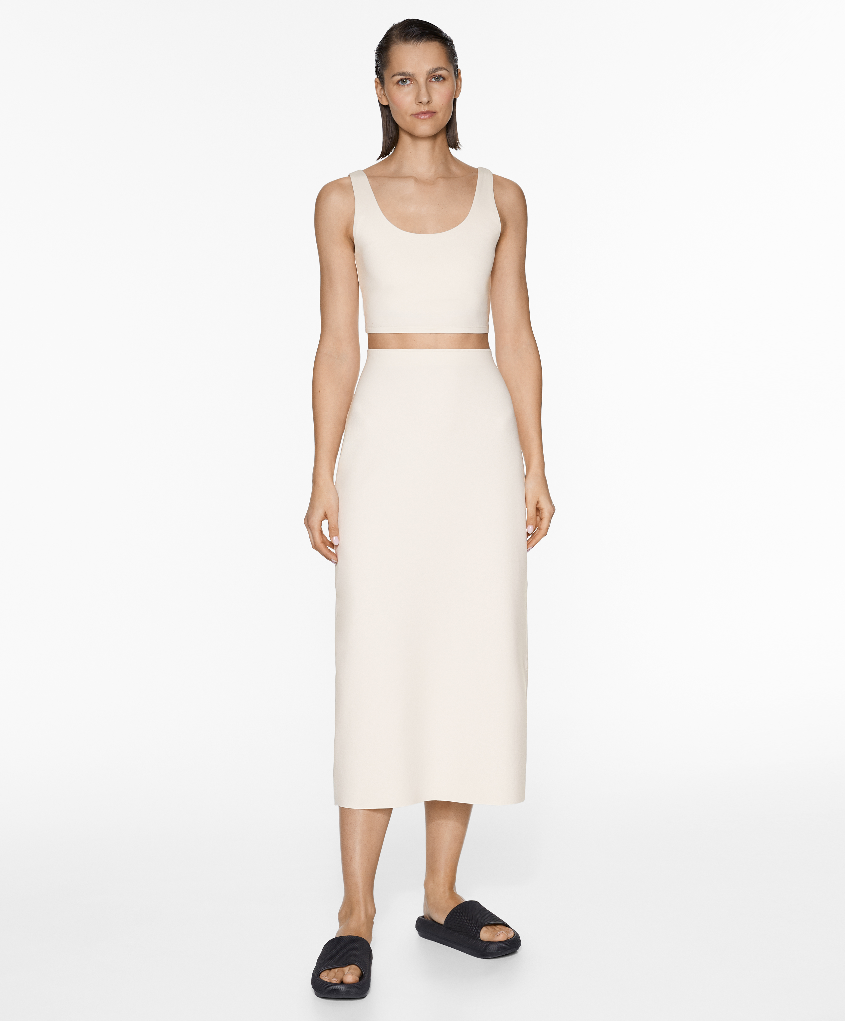 Neoprene-effect super-high-rise midi skirt