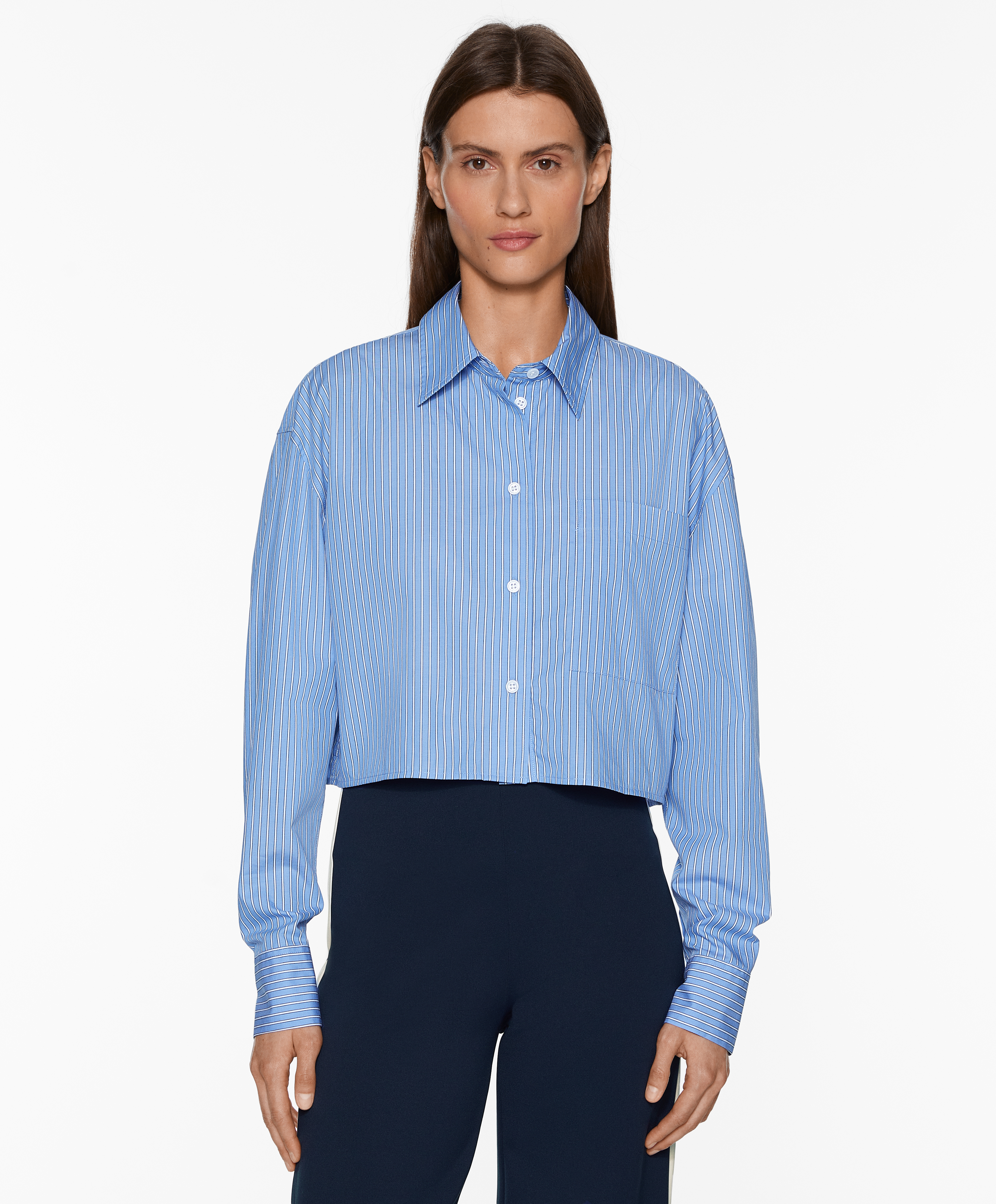 Striped 100% cotton long-sleeved crop shirt