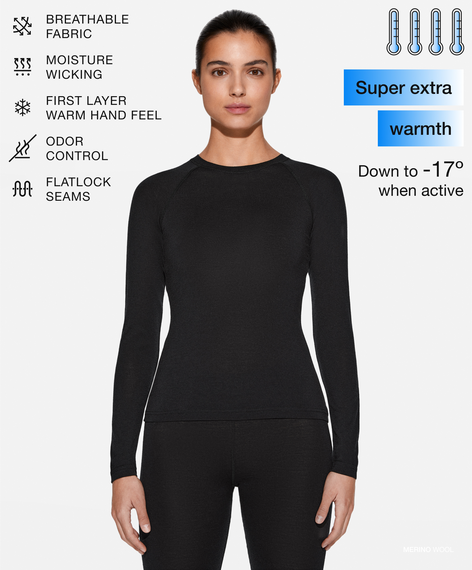 Super extra warmth long-sleeved technical top in 100% wool