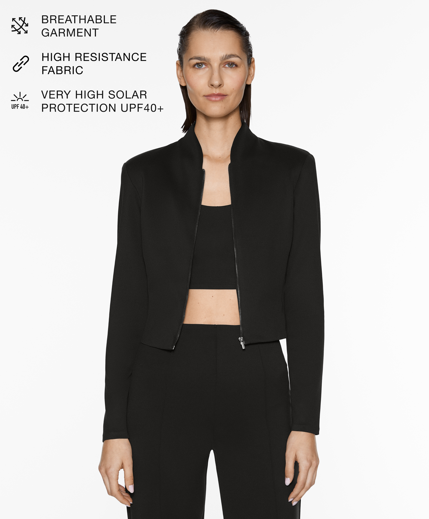 Neoprene-effect fitted jacket with shoulder pads