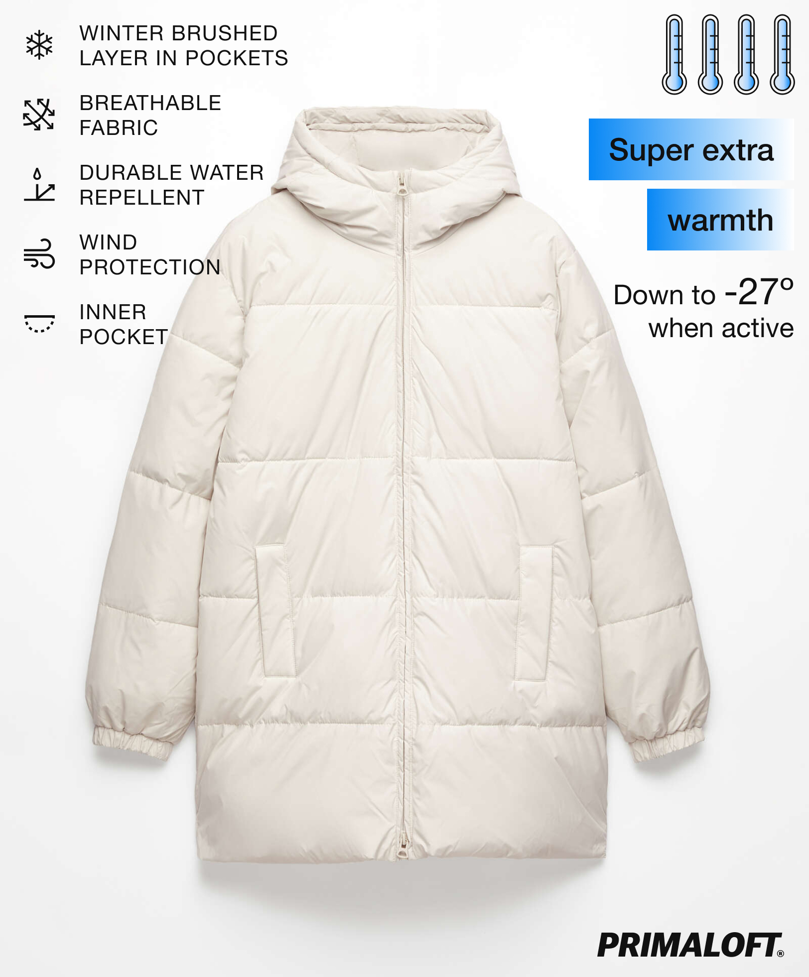 Water-repellent Primaloft® padded midi jacket