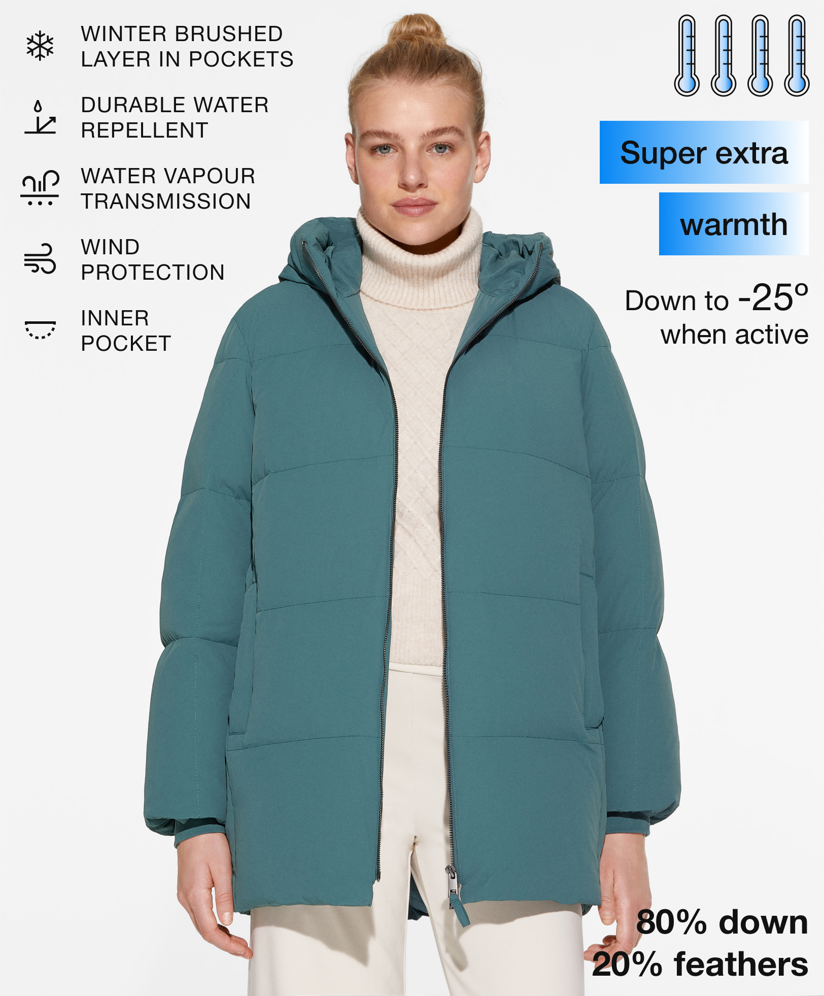 Water-repellent feather-padded long jacket