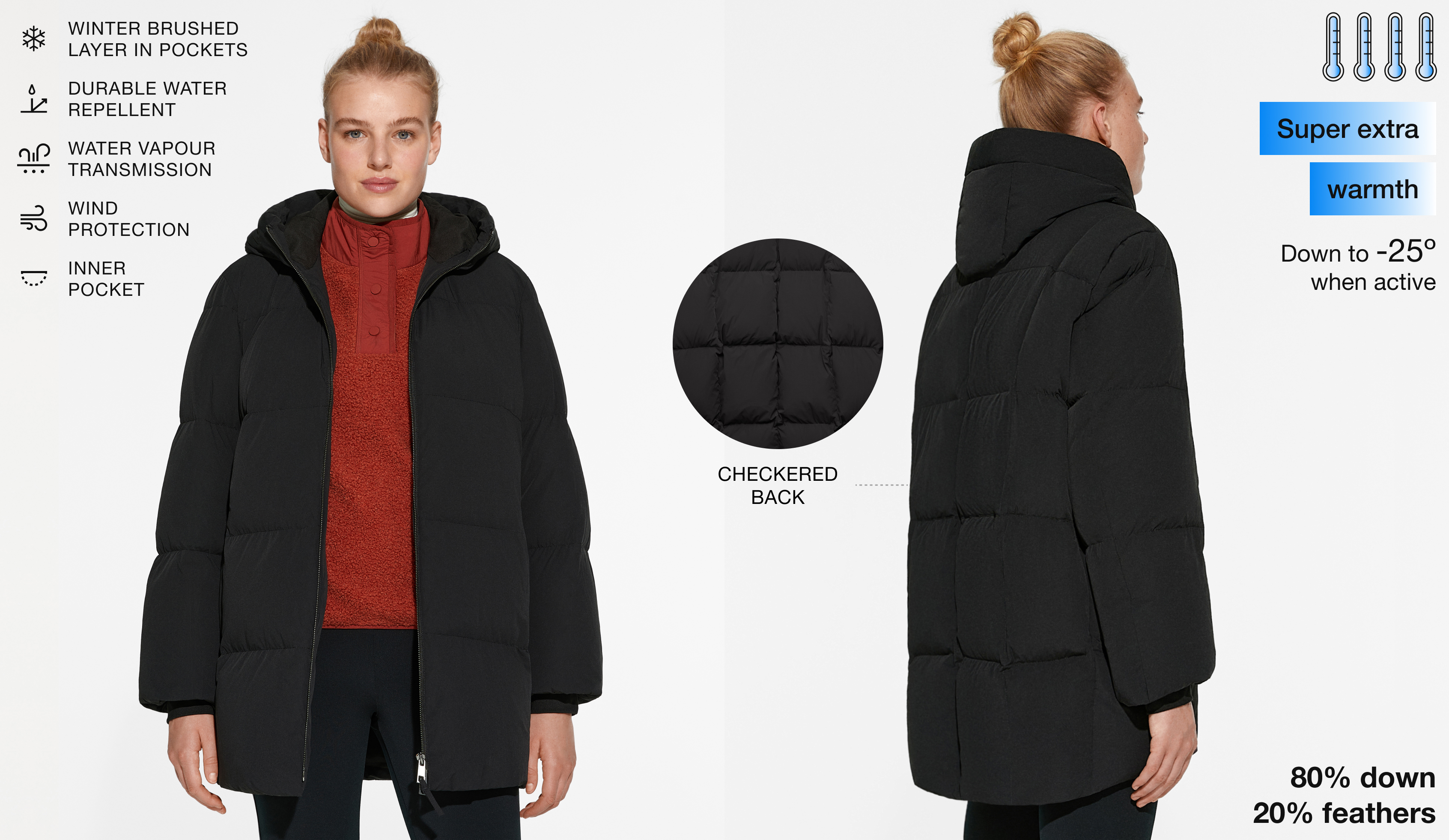 Water-repellent feather-padded long jacket