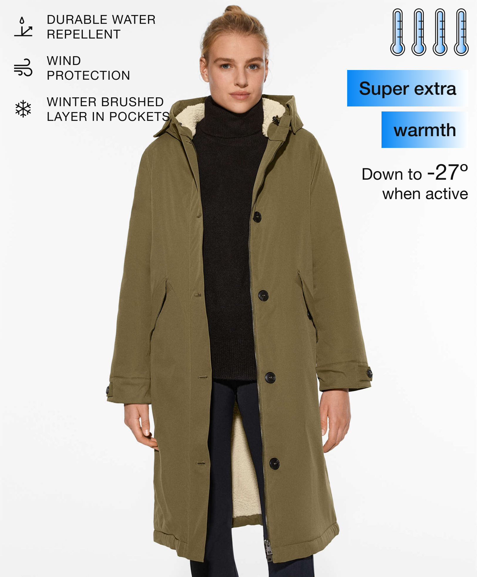 Water-repellent parka with faux-shearling inner
