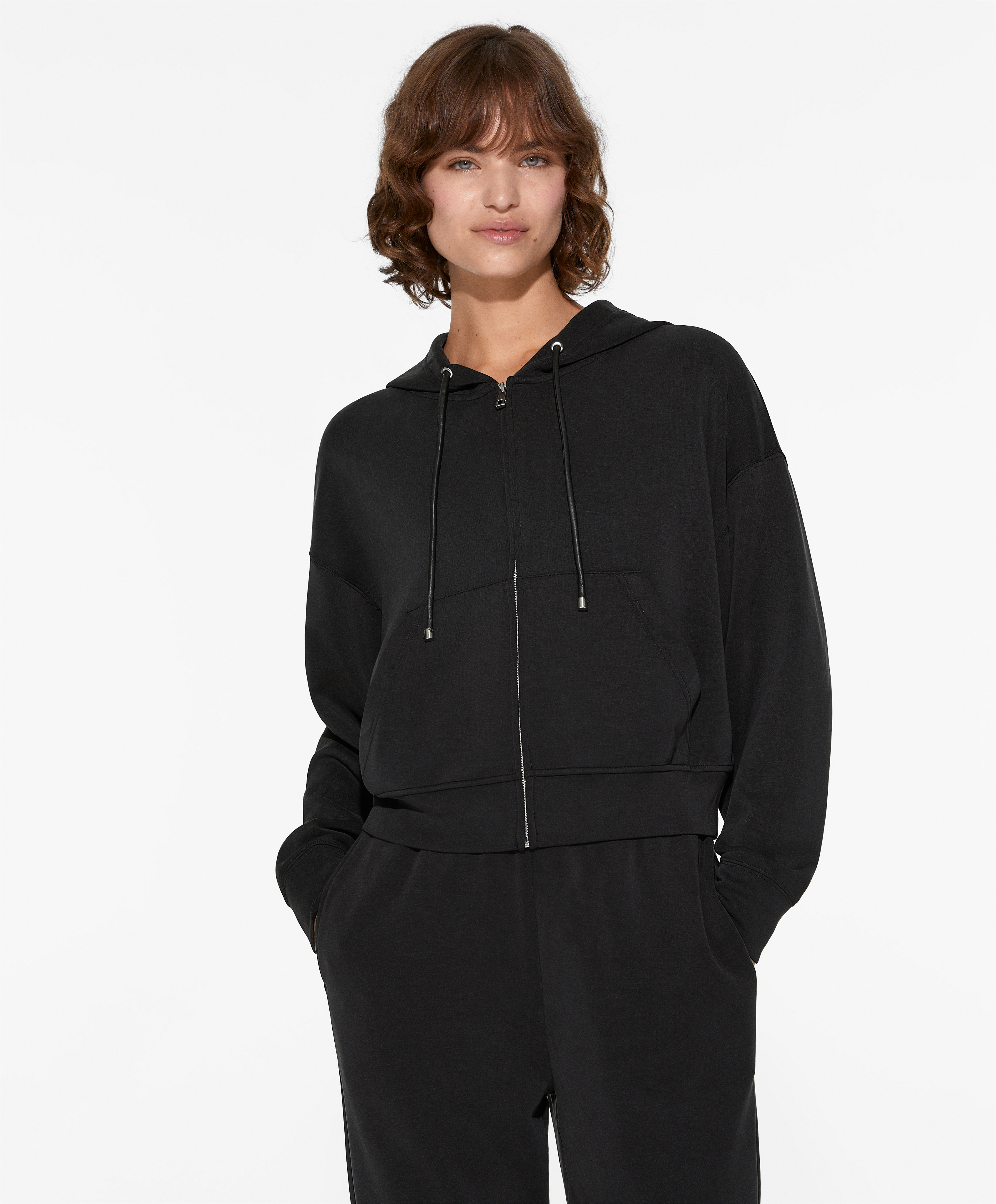 Fleece-interior hooded jacket with modal