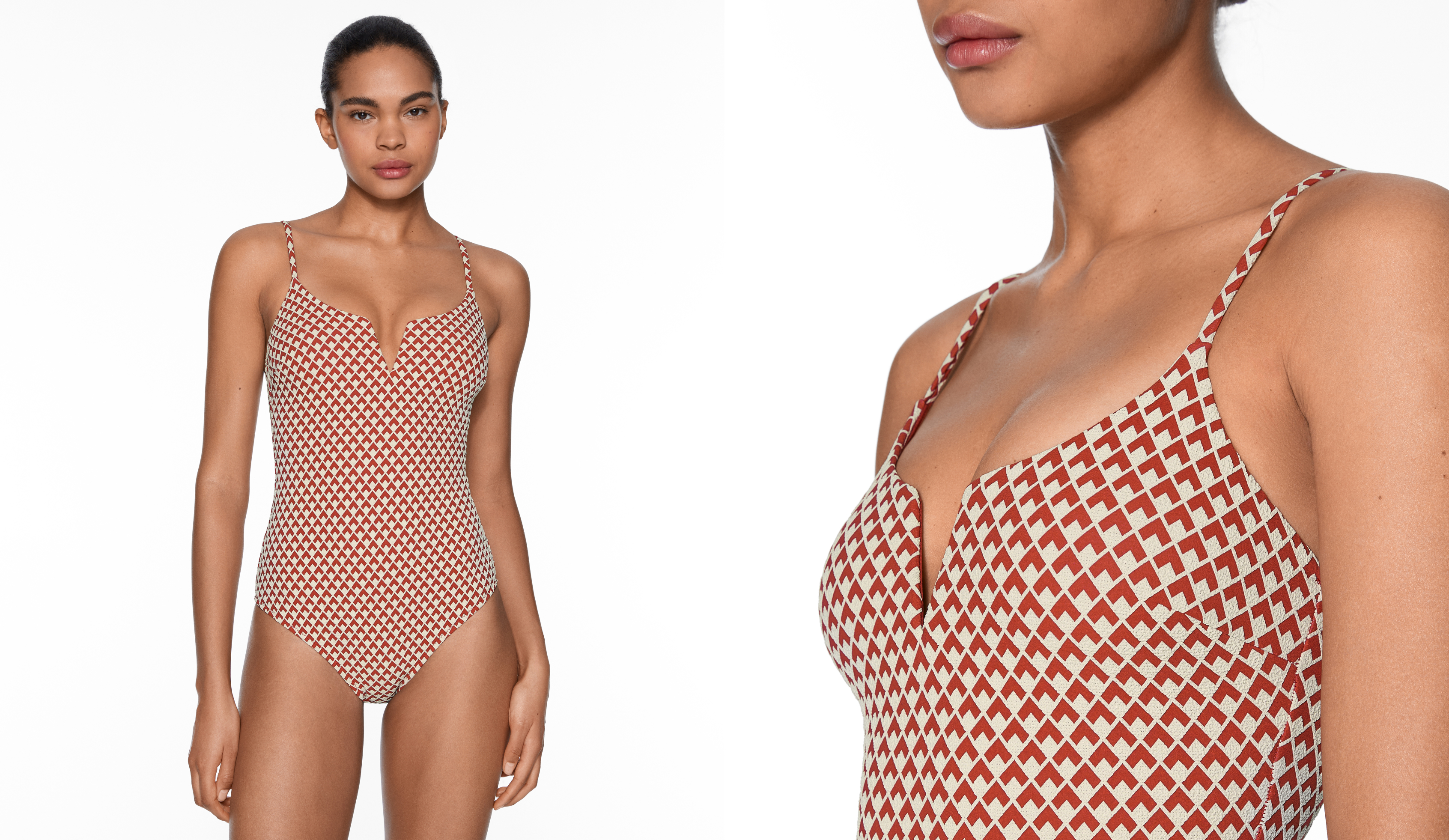 Geometric jacquard V-notch neckline swimsuit