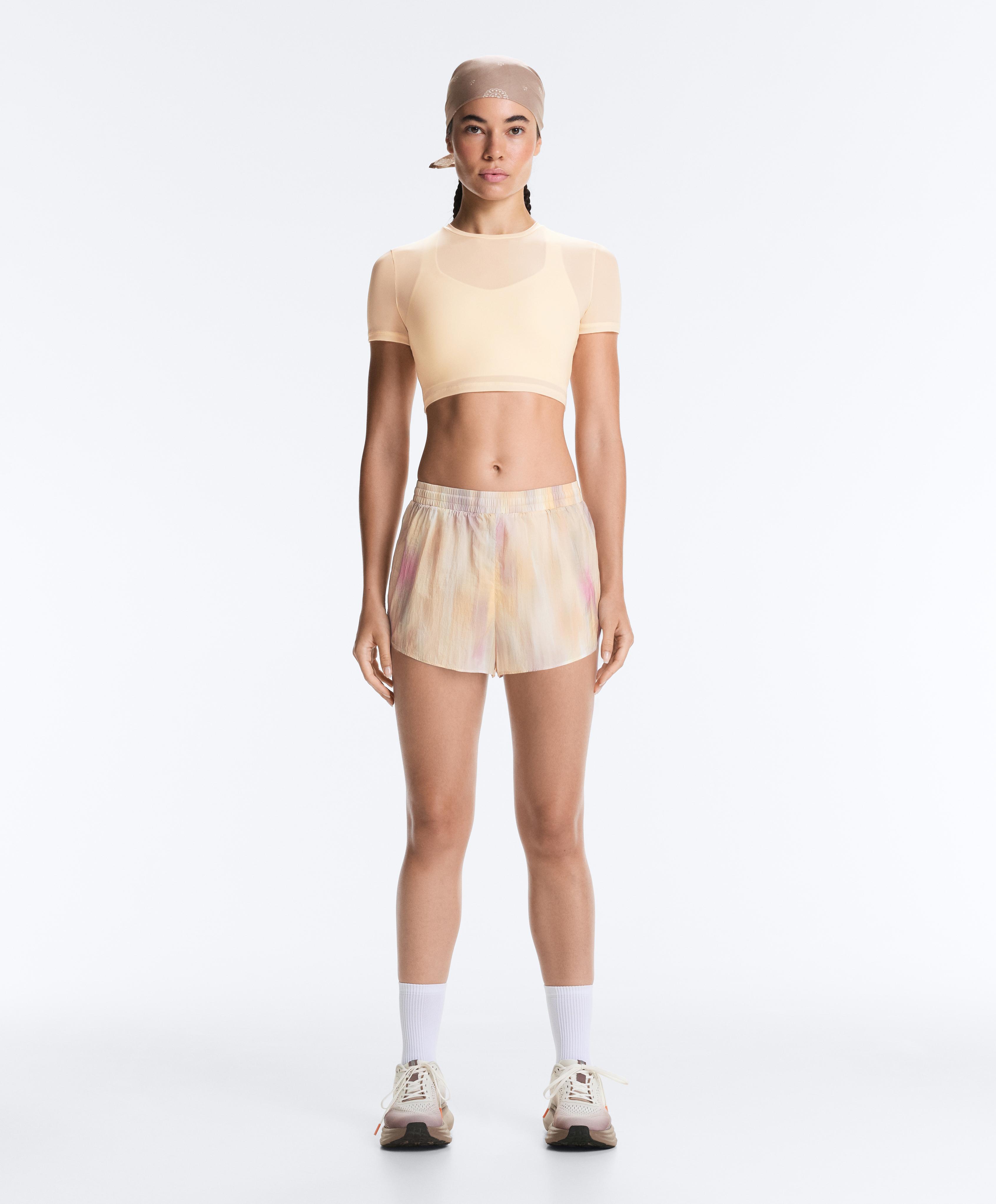 2-in-1 tie-dye mid rise technical shorts — VANILLA