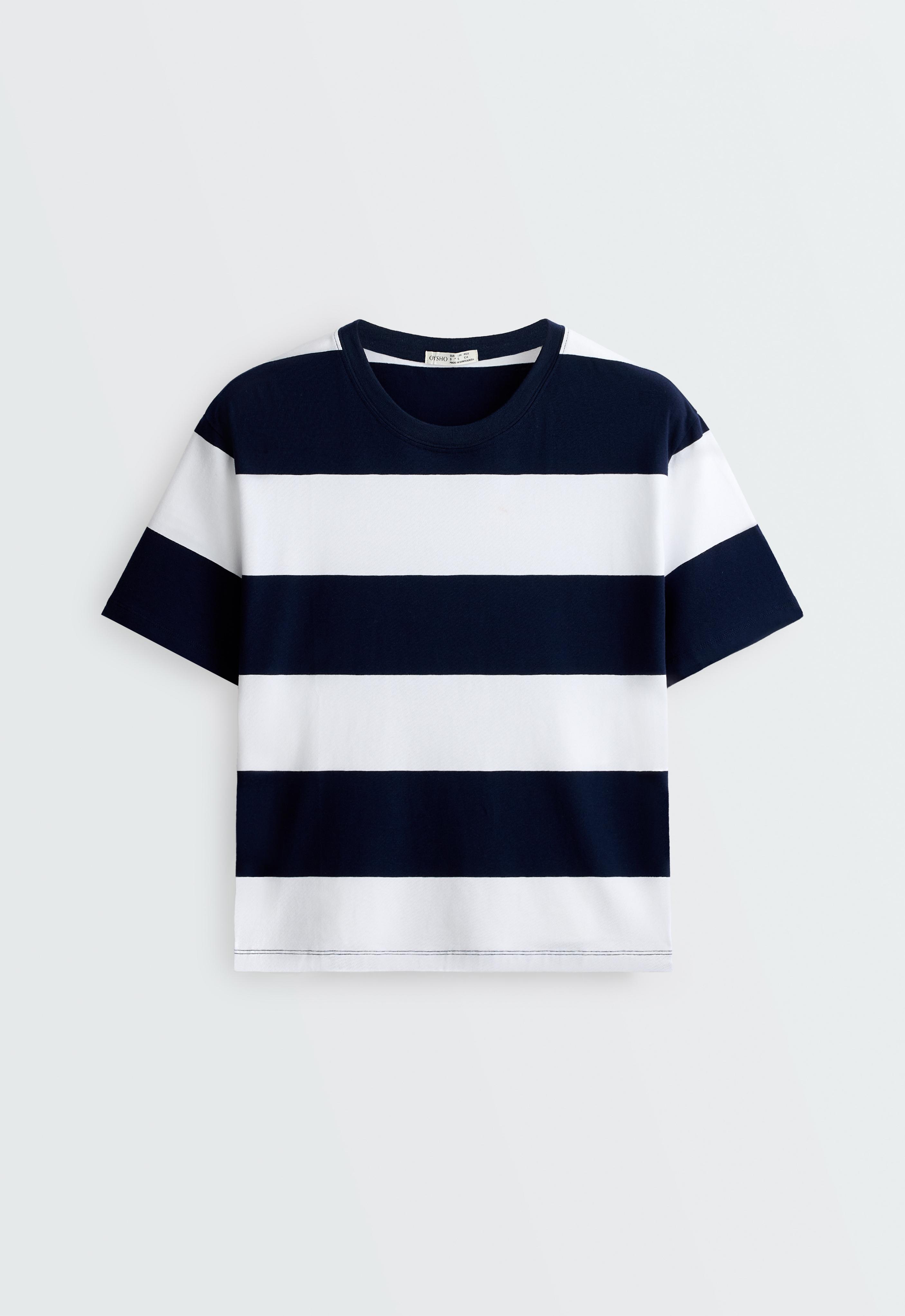 Boxy cotton-blend T-shirt with wide stripes — NAVY BLUE