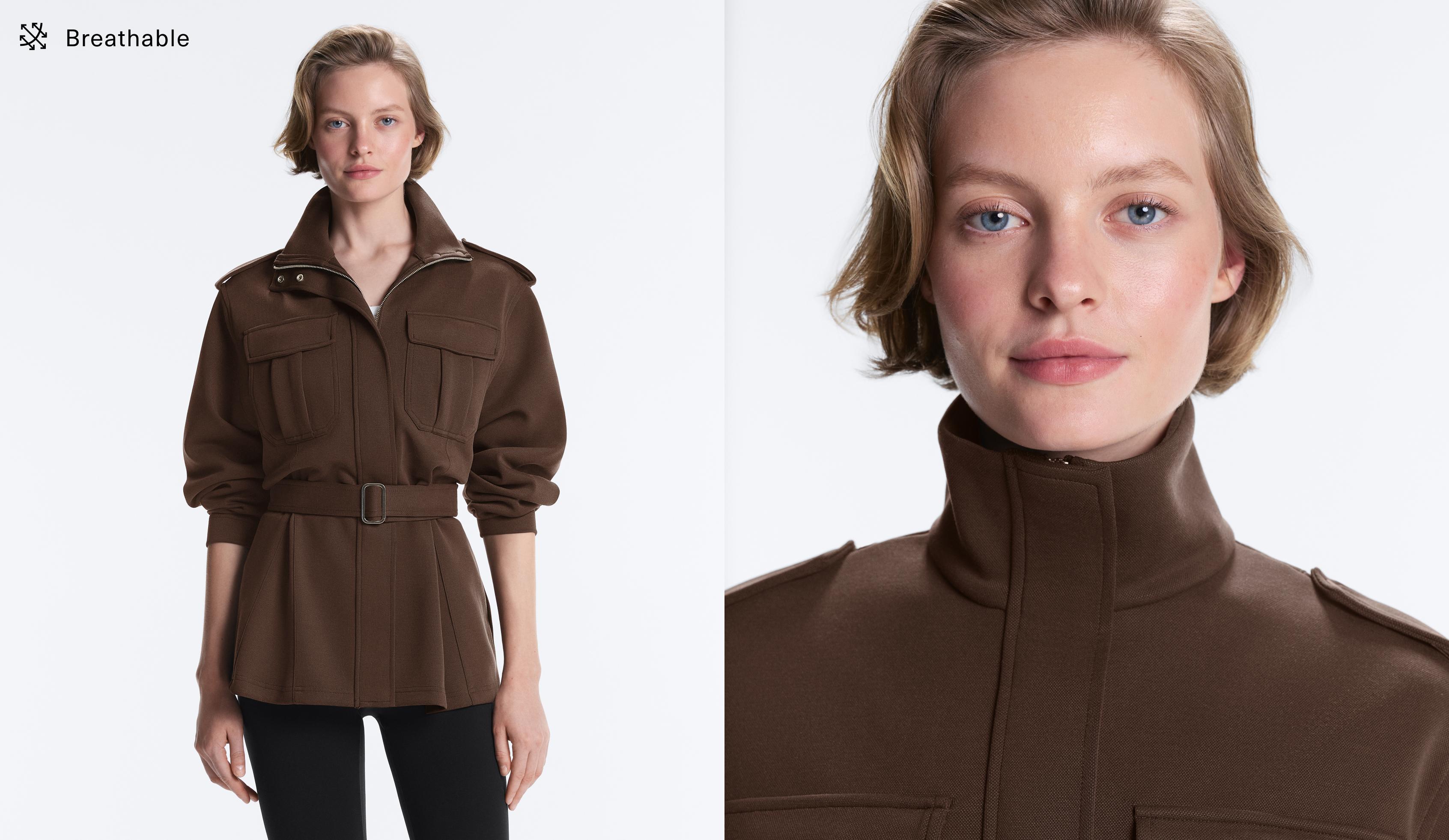 Long utility pique jacket with belt — DARK BROWN