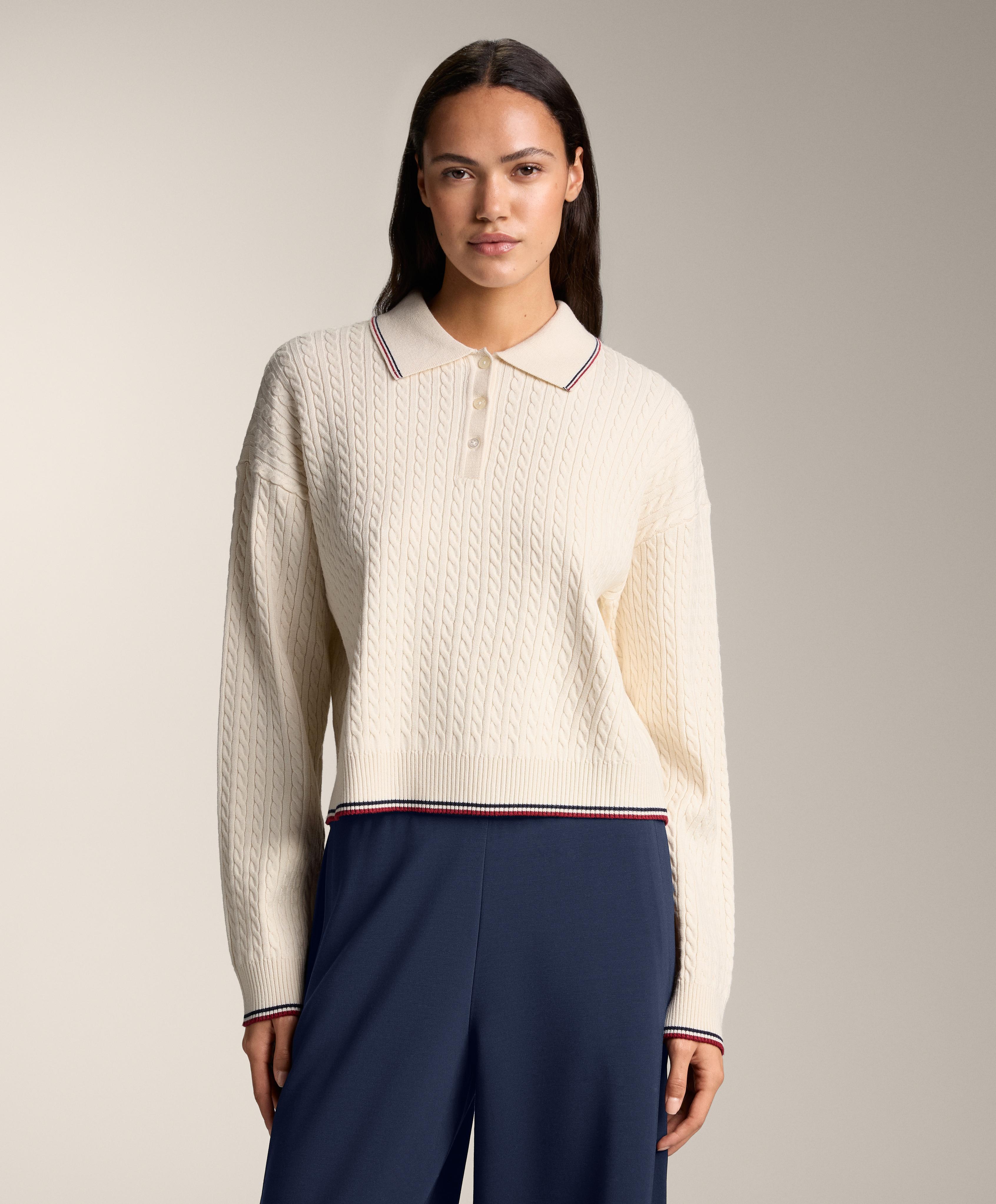Mini cable knit polo neck jumper — ECRU