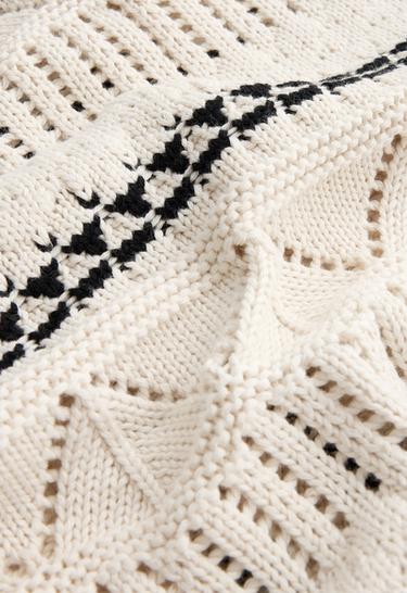 100% cotton contrast open-knit cardigan — PALE ECRU 7