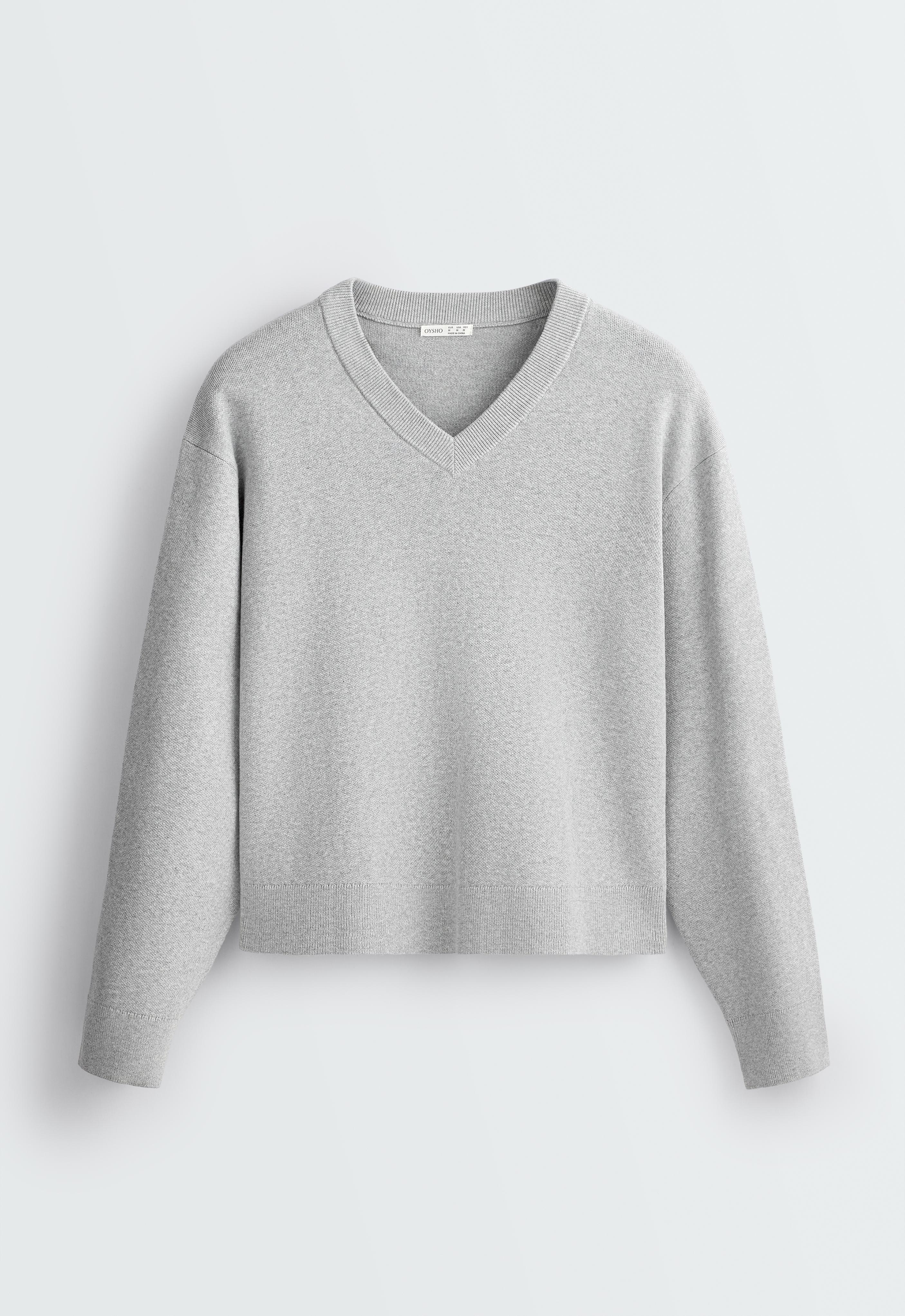 Cotton blend V-neck knit jumper — PALE GREY