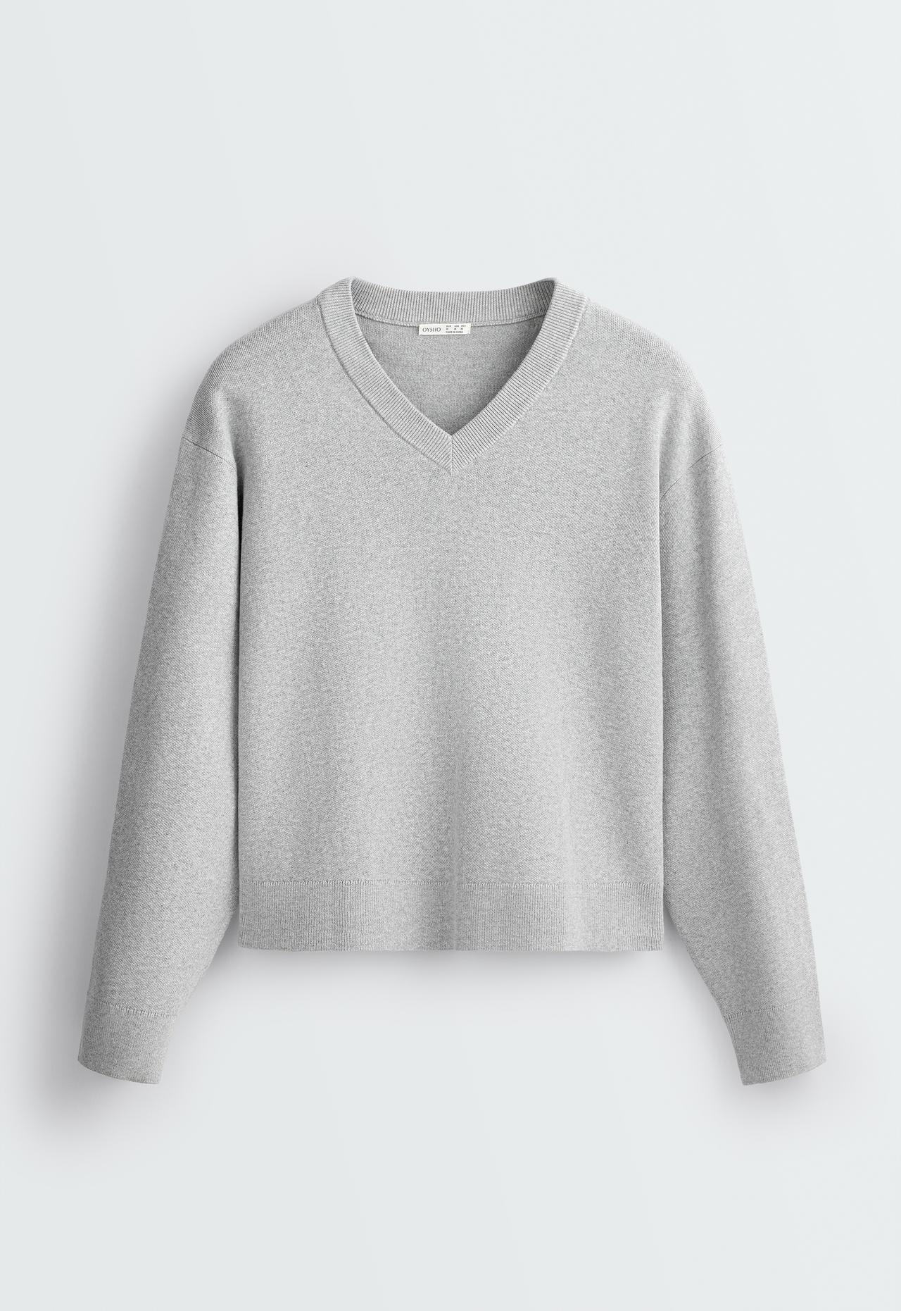 Cotton blend V-neck knit jumper — PALE GREY
