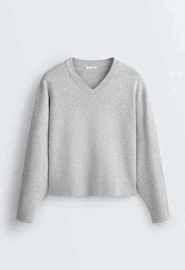 Cotton blend V-neck knit jumper — PALE GREY 5