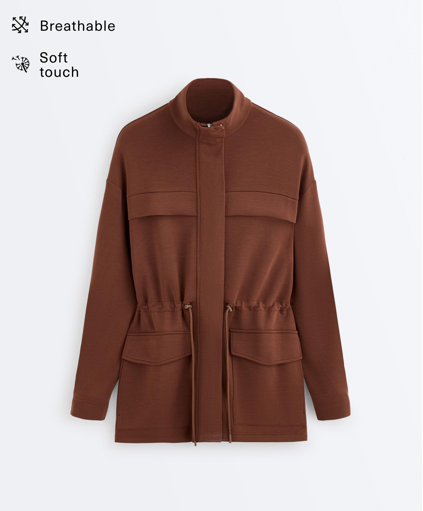Long soft-touch modal jacket with pockets — COFFEE