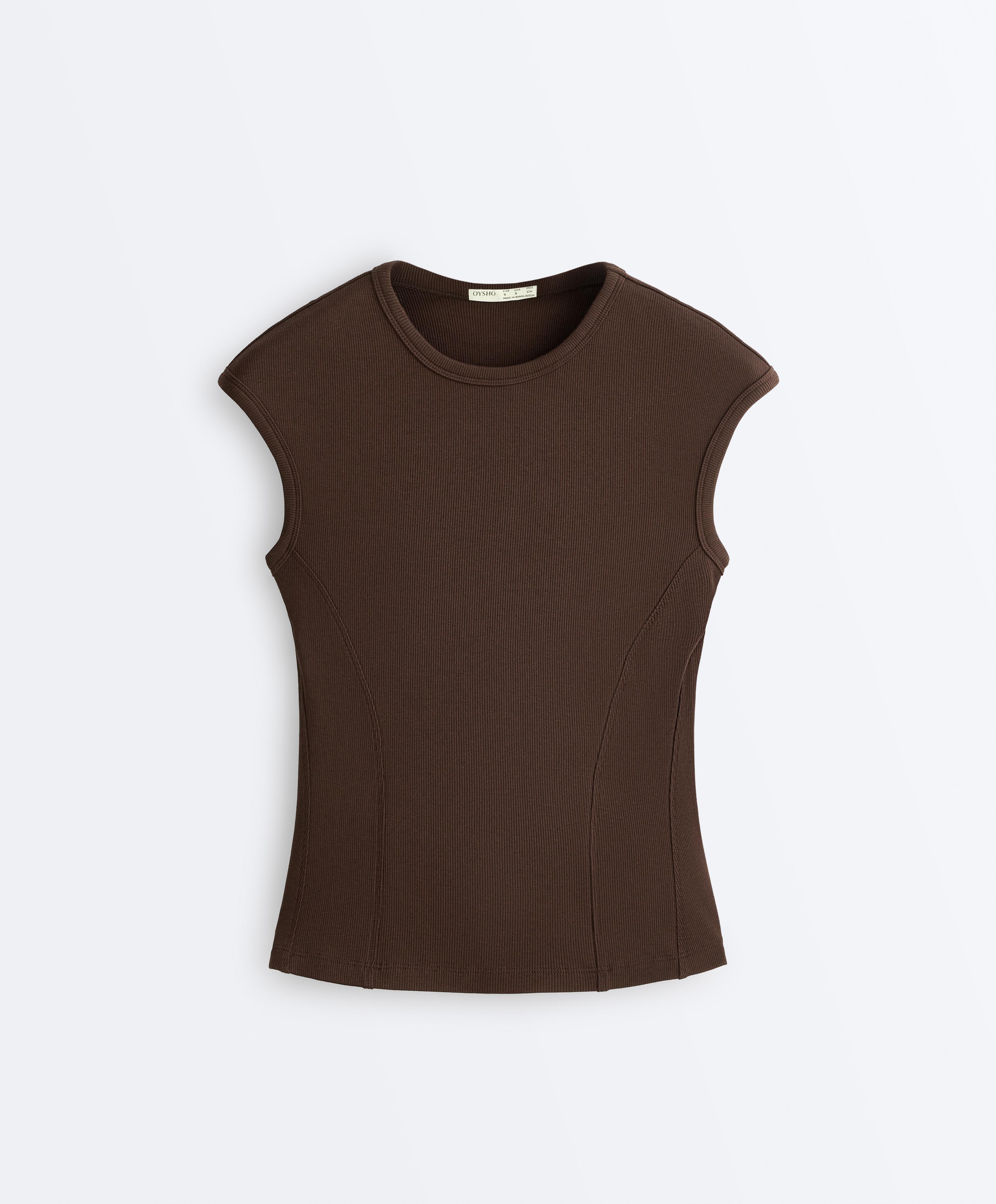 Short-sleeved rib top with cotton and modal — DARK BROWN