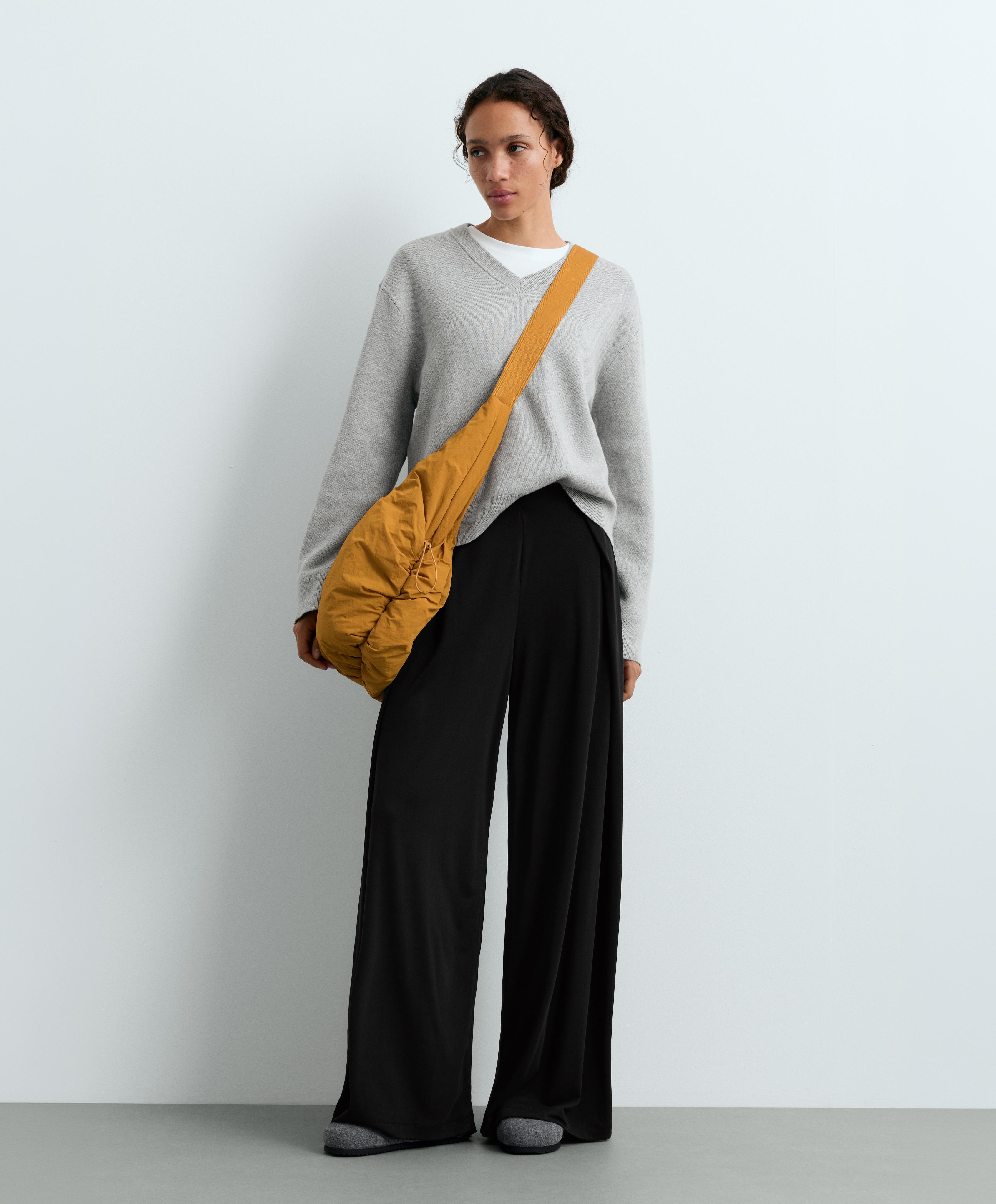 Modal blend straight-leg trousers with side pleat — BLACK
