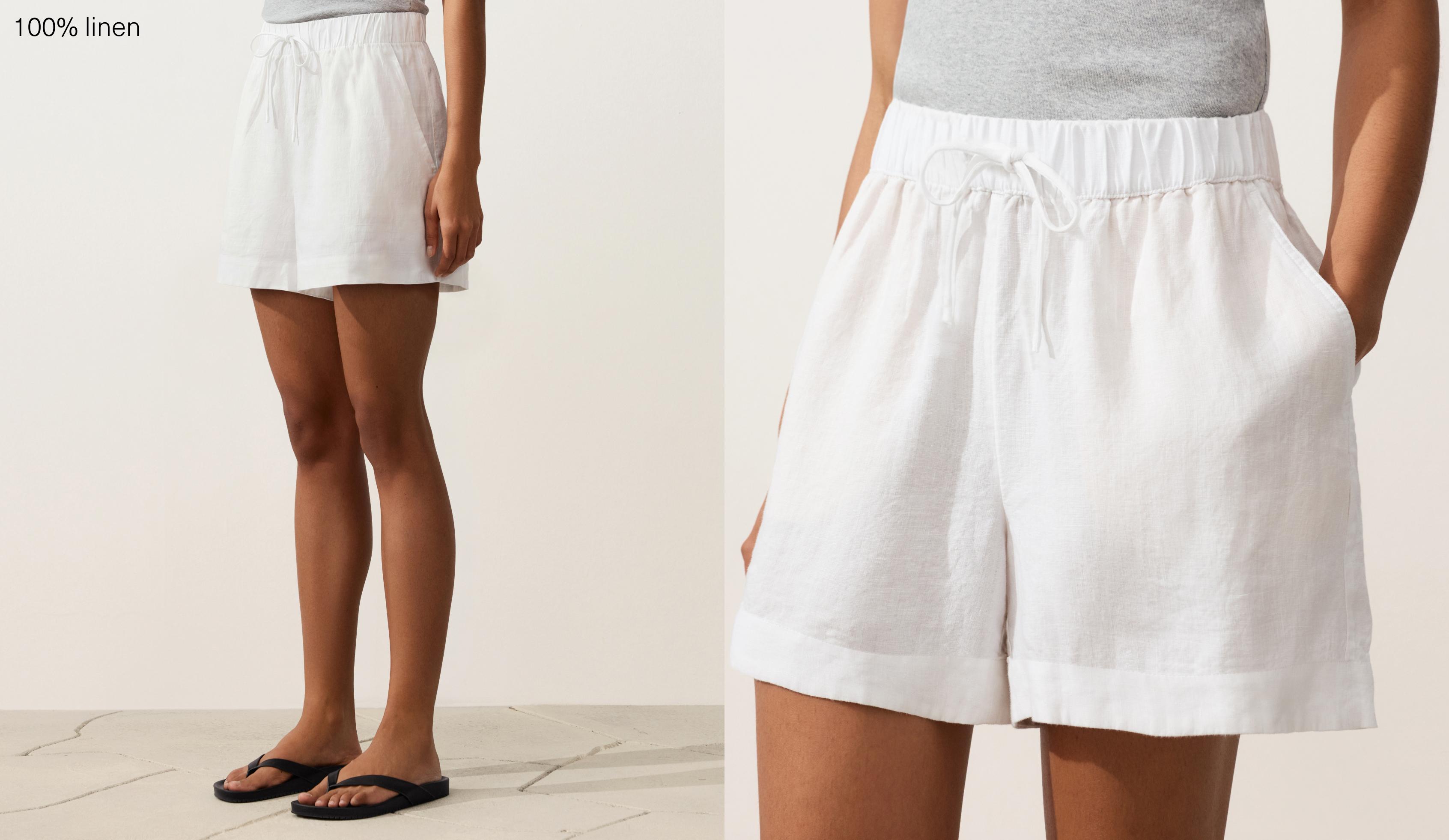 100% linen mid-rise shorts — WHITE
