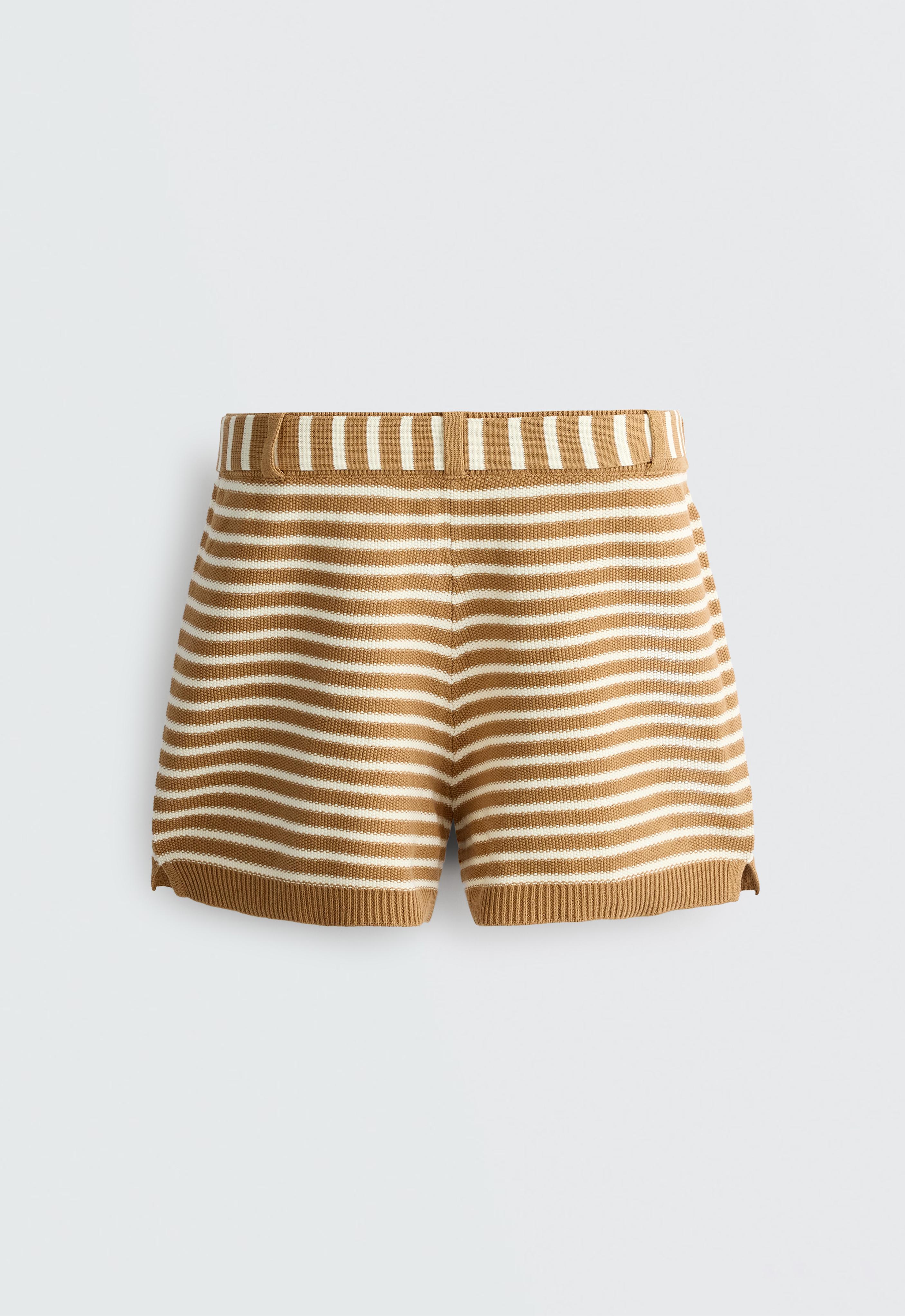 100% cotton striped knit shorts with belt — PALE ECRU