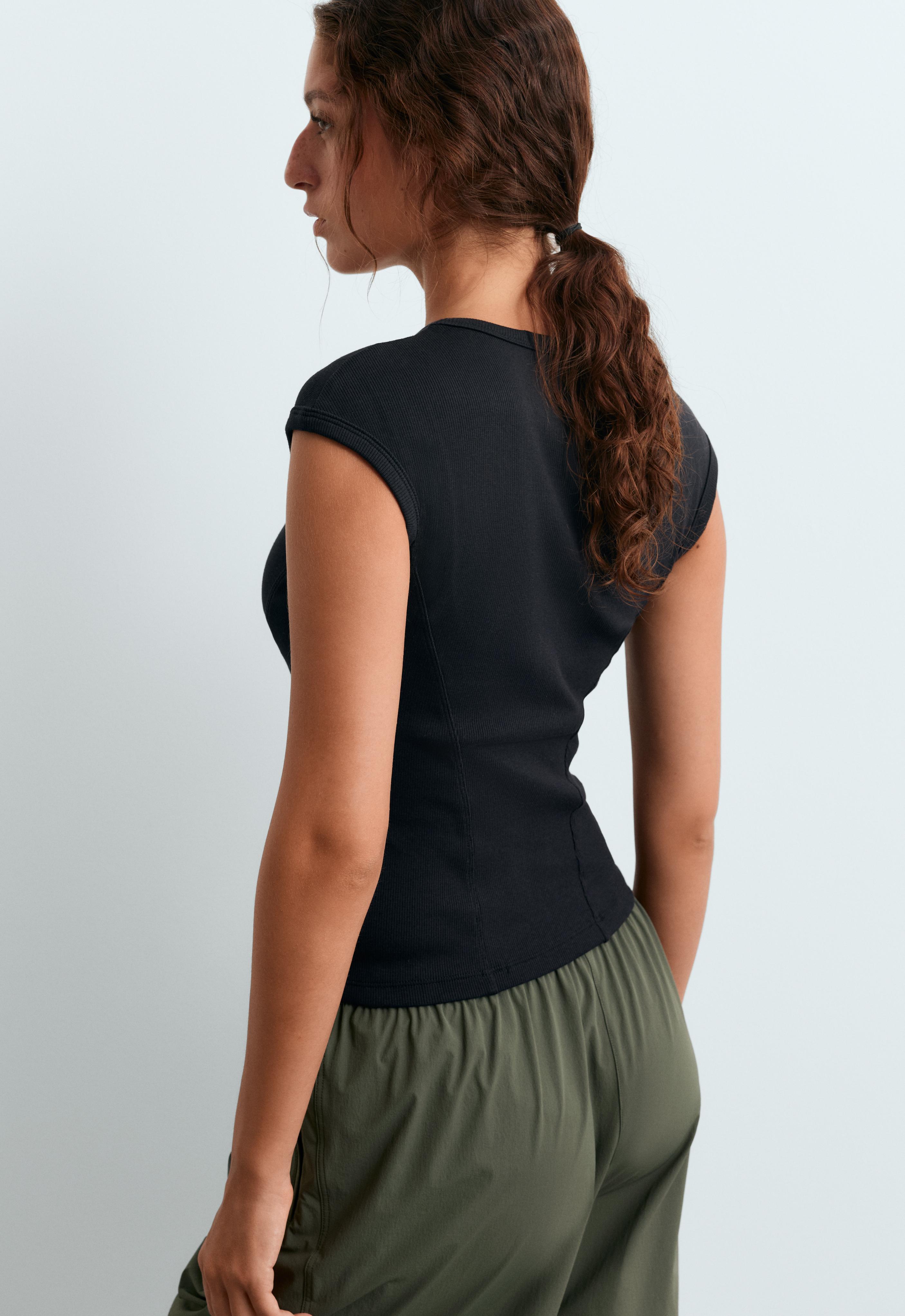 Short-sleeved rib top with cotton and modal — BLACK