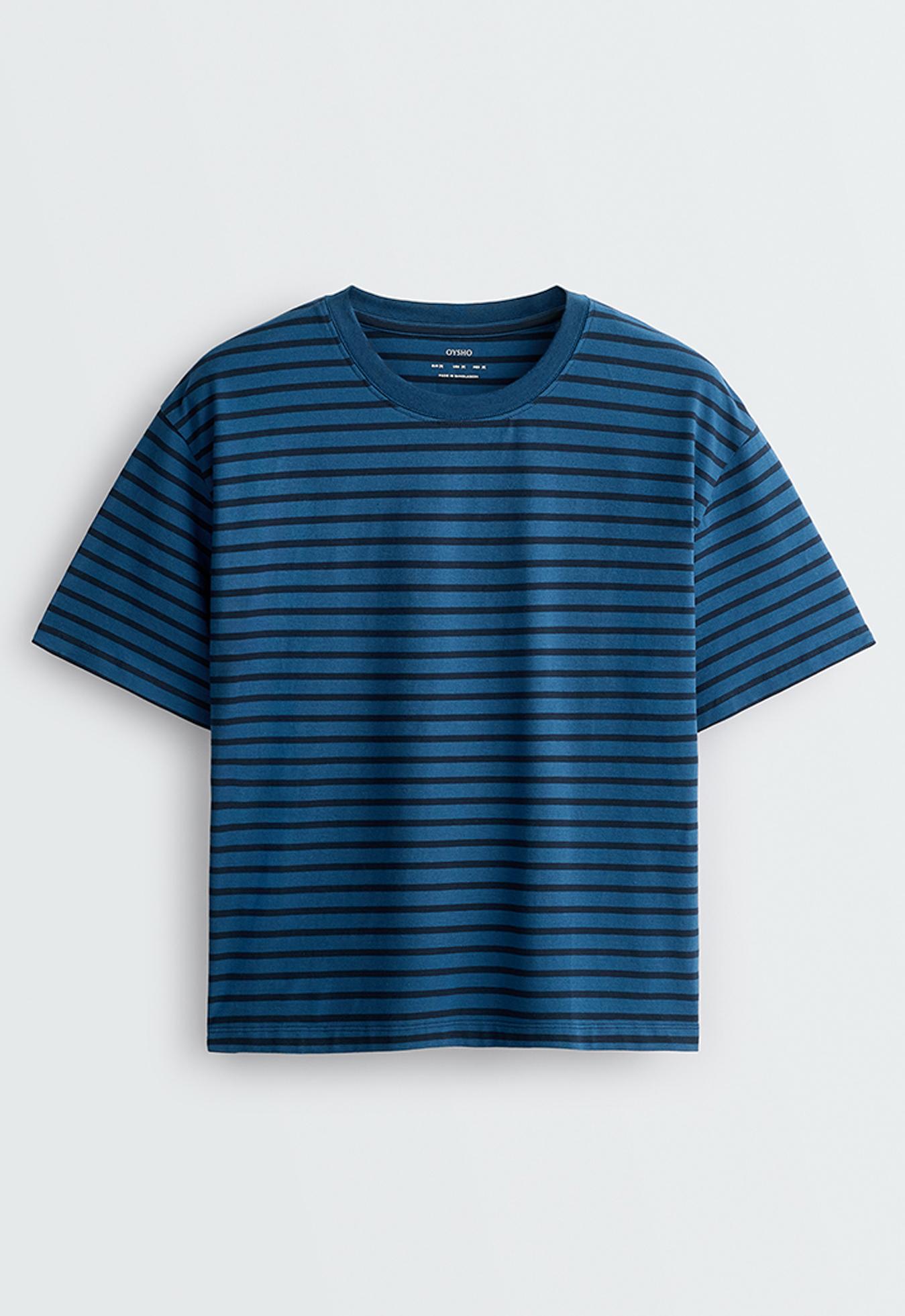 Striped boxy cotton blend short-sleeved T-shirt — NAVY BLUE