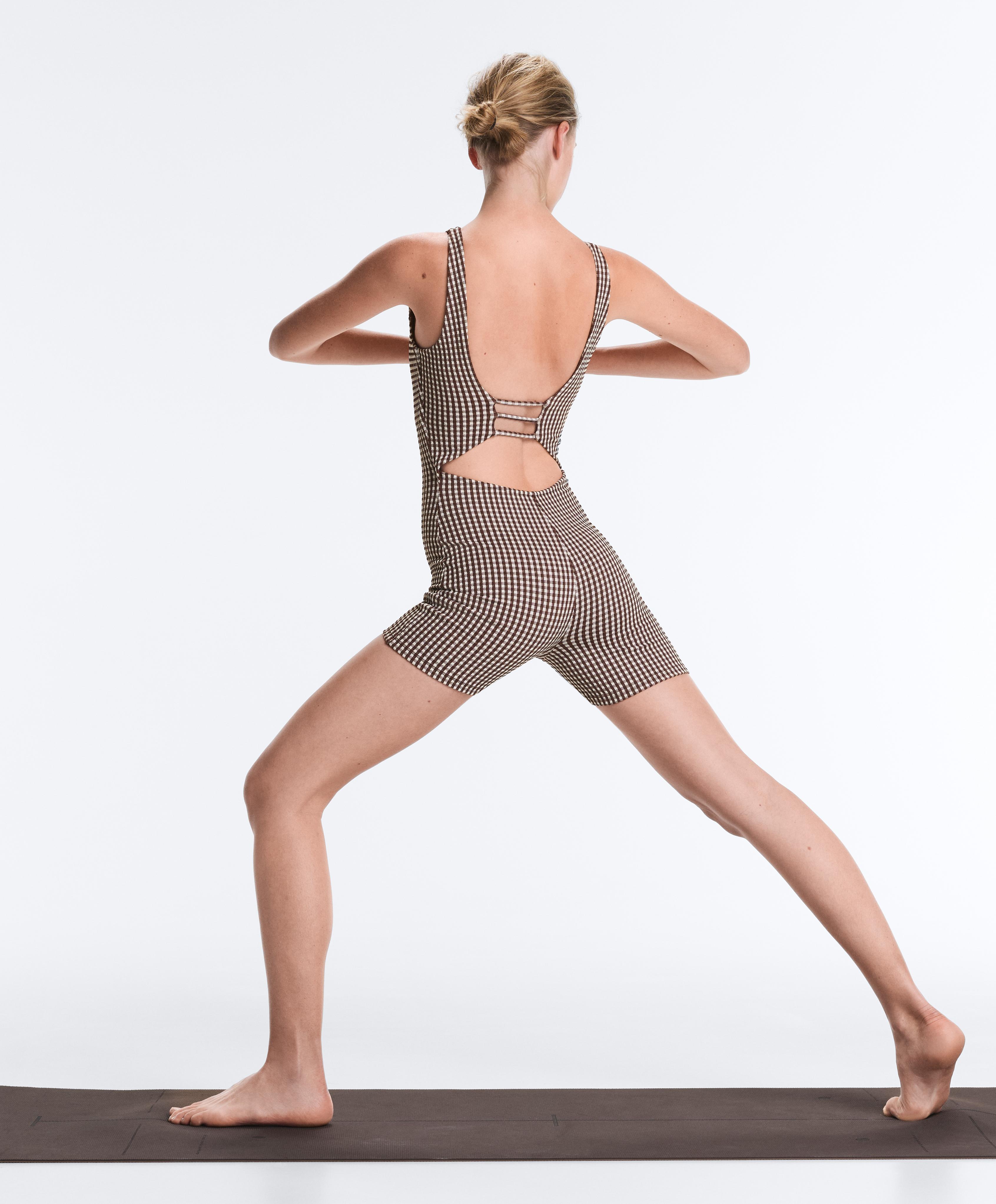 Comfortlux gingham short jumpsuit — DARK REDDISH‑BROWN