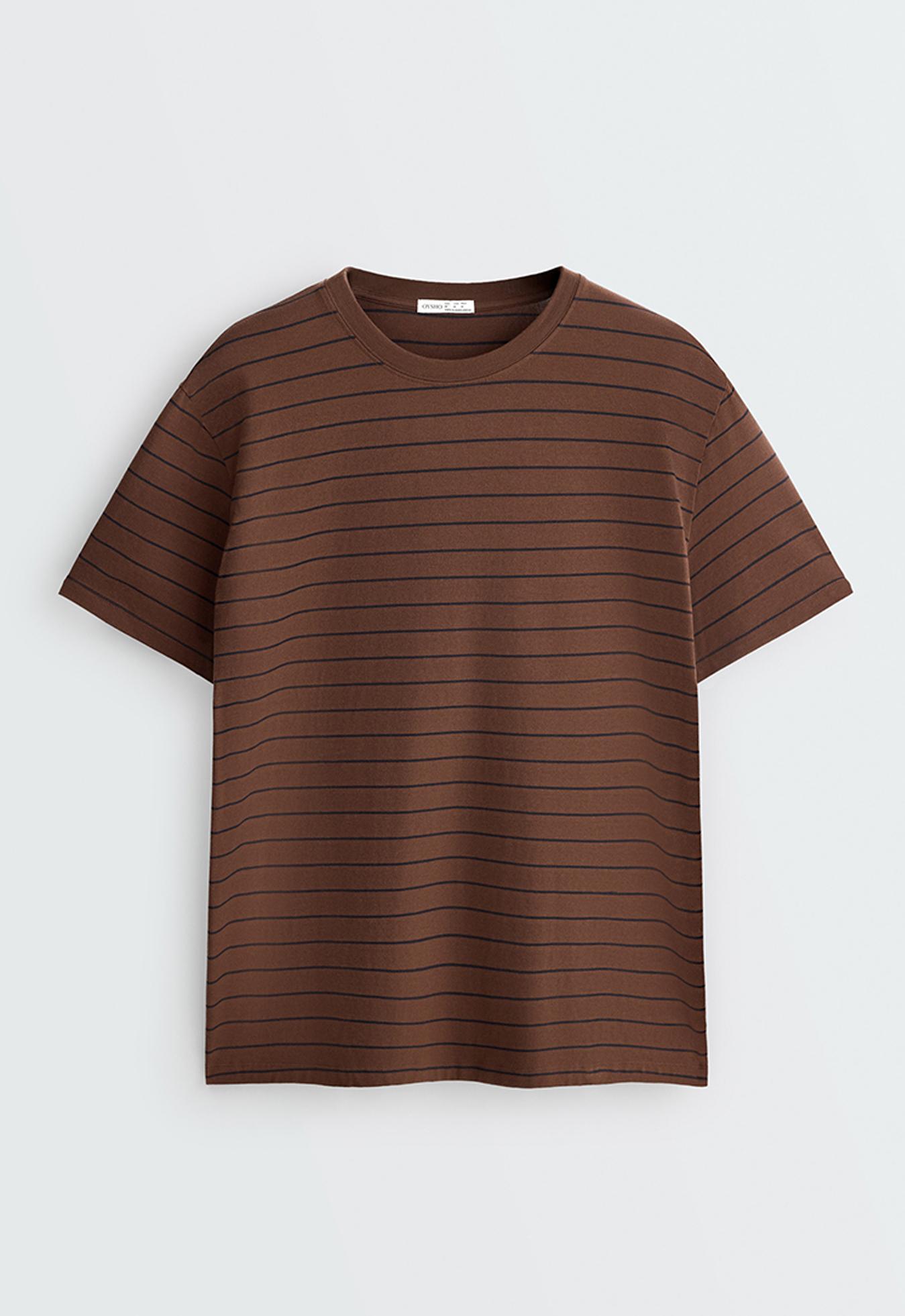 Oversize striped cotton blend short sleeve T-shirt — DARK BROWN