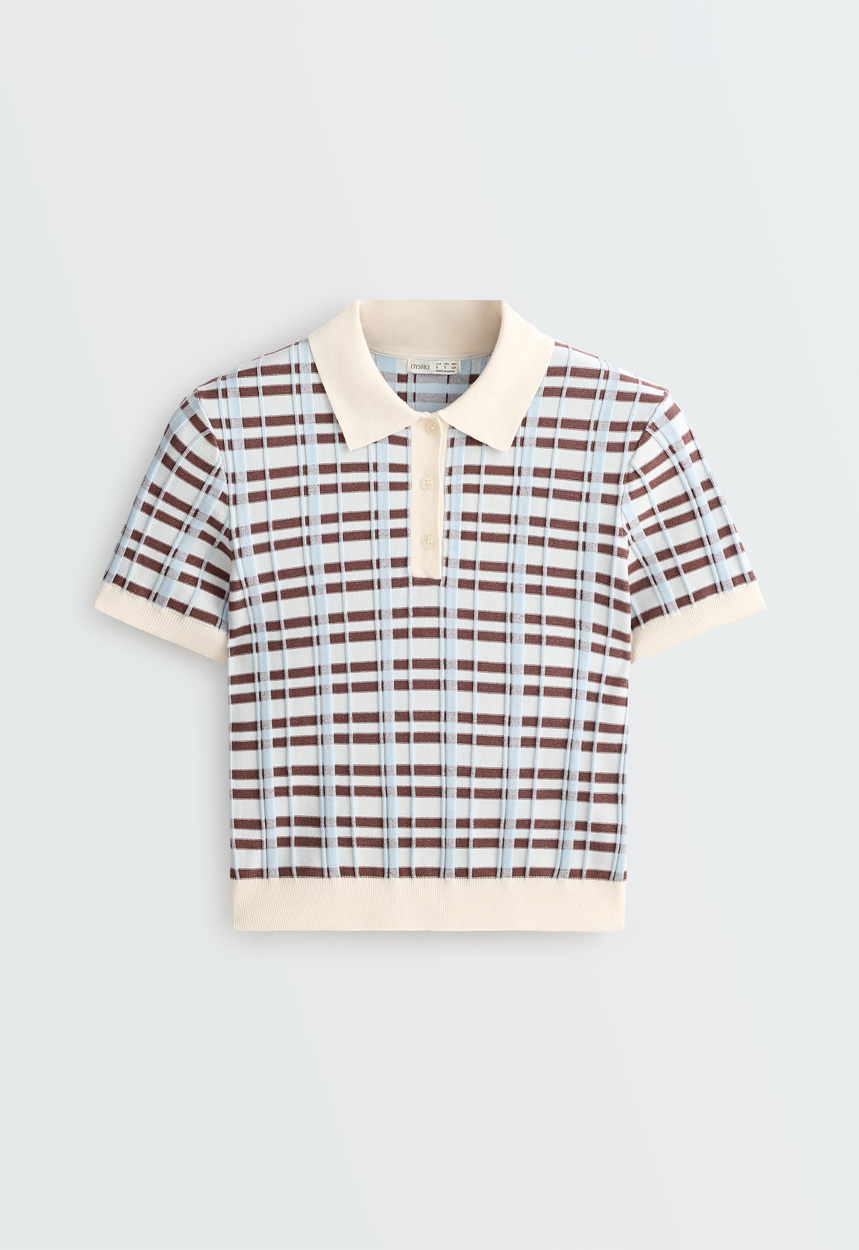 Short sleeve check knit polo shirt — PALE ECRU