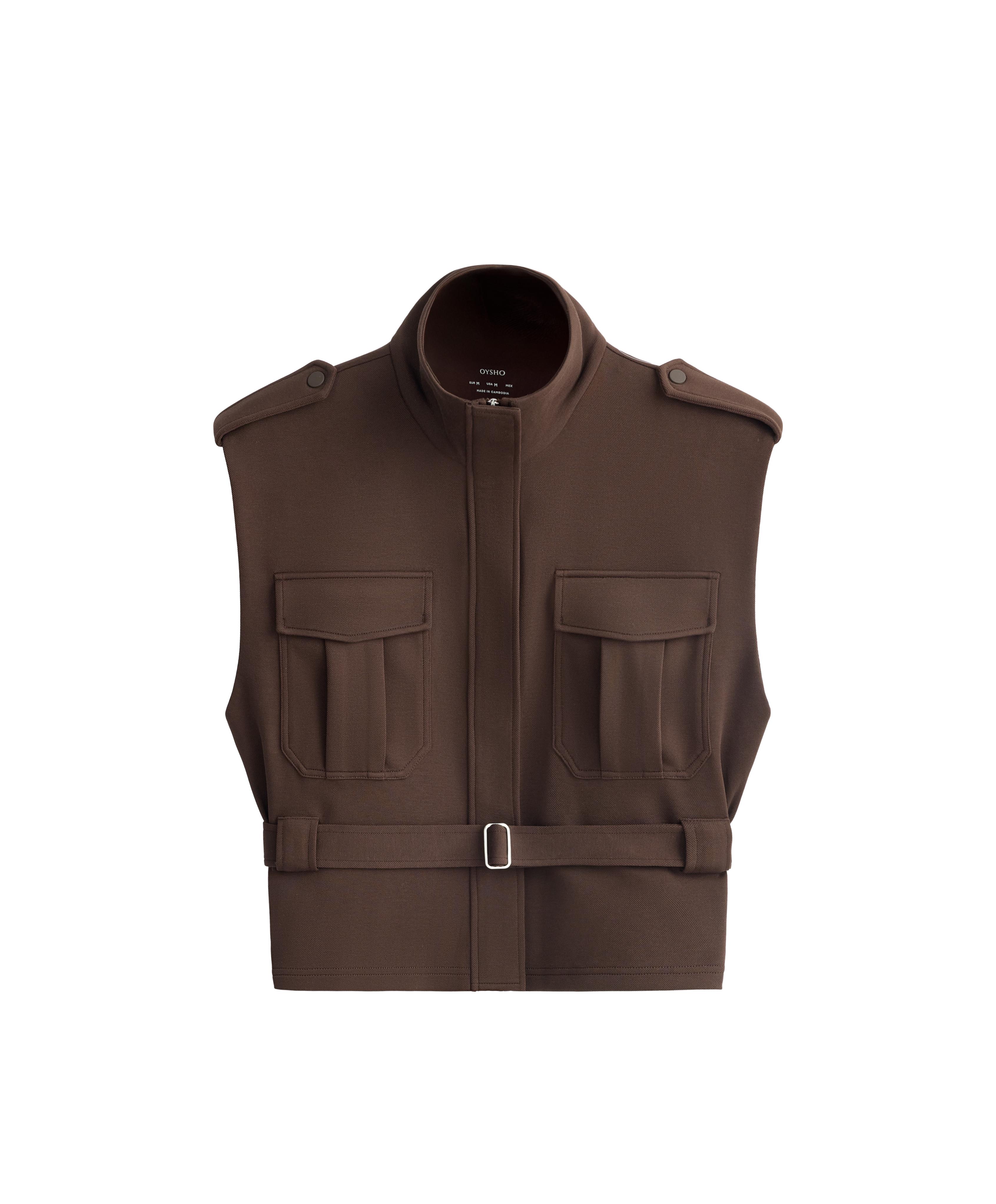 Utility piqué gilet with cotton belt — DARK BROWN