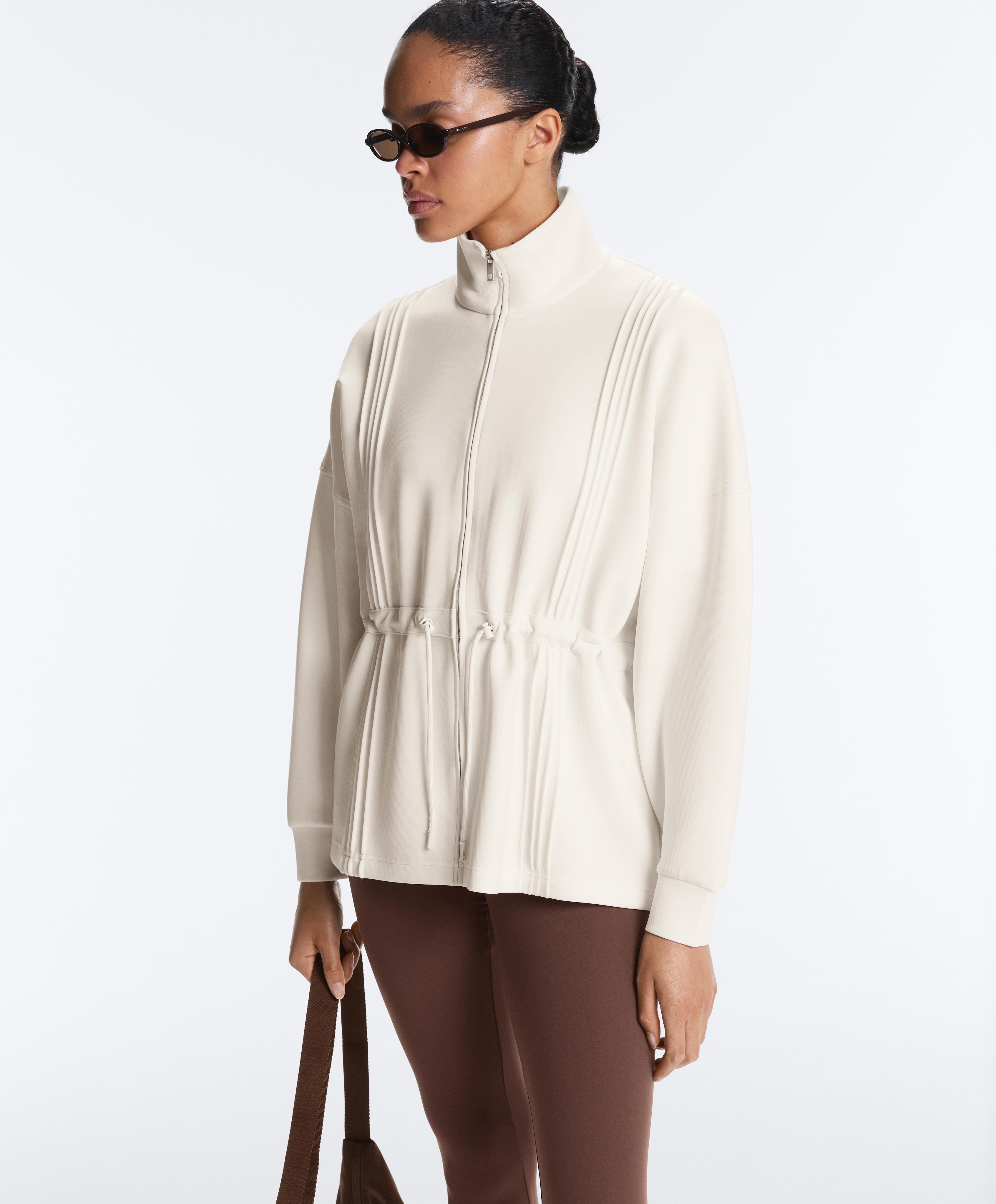 Long jacket with ribbed high neck and soft-touch modal — PALE ECRU