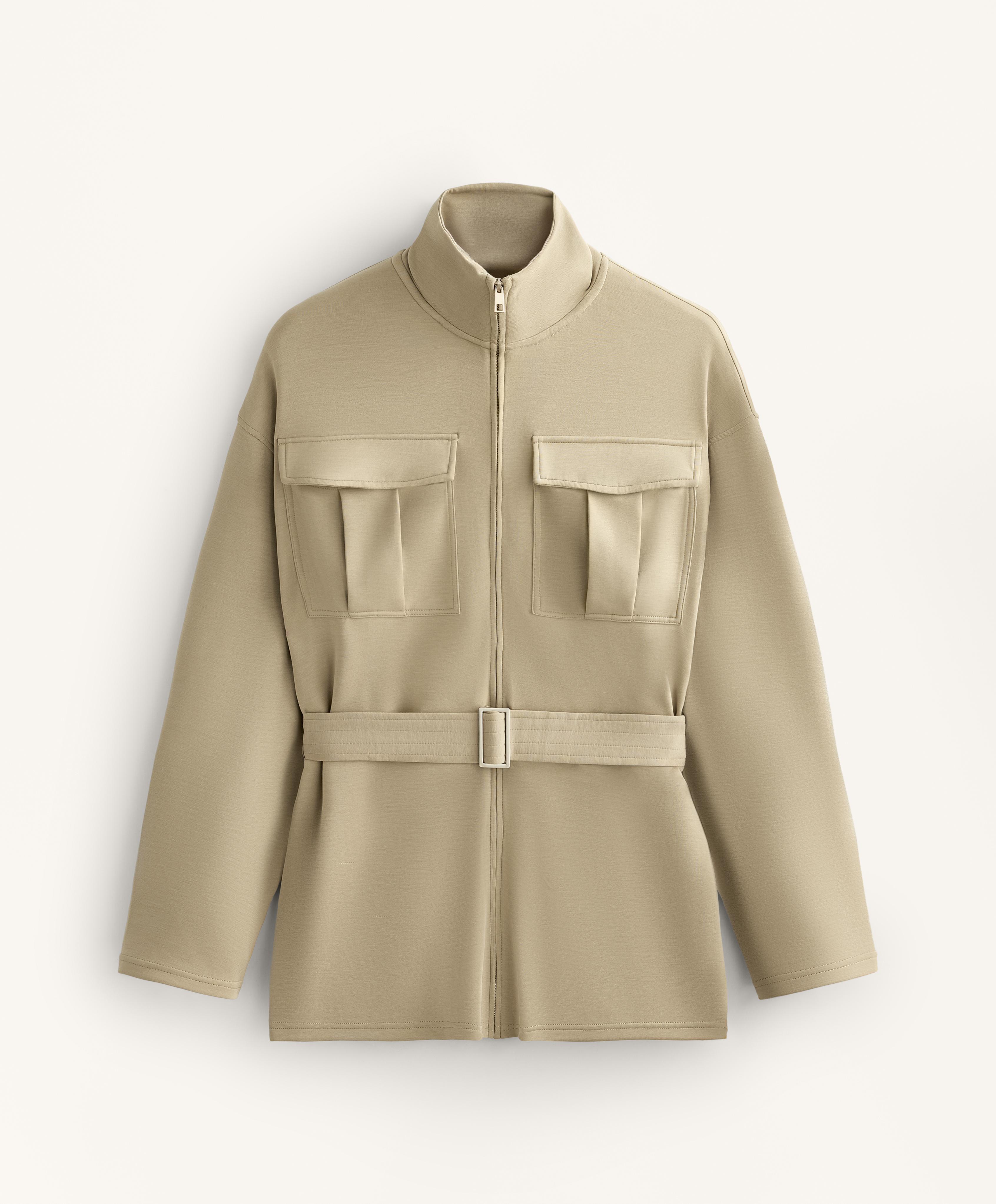 Long soft-touch jacket with modal and belt — GREEN BEIGE