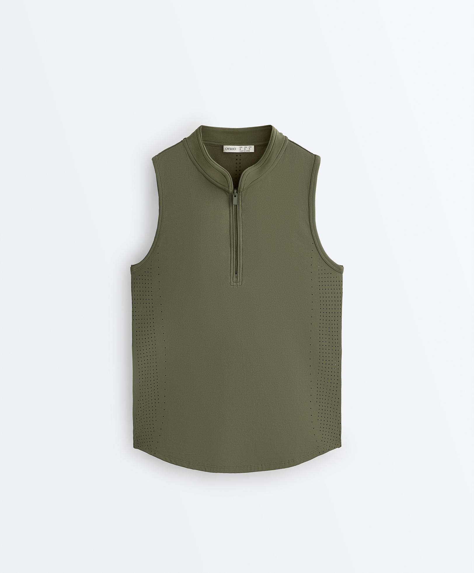 Technical sleeveless T-shirt with half zip — KHAKI