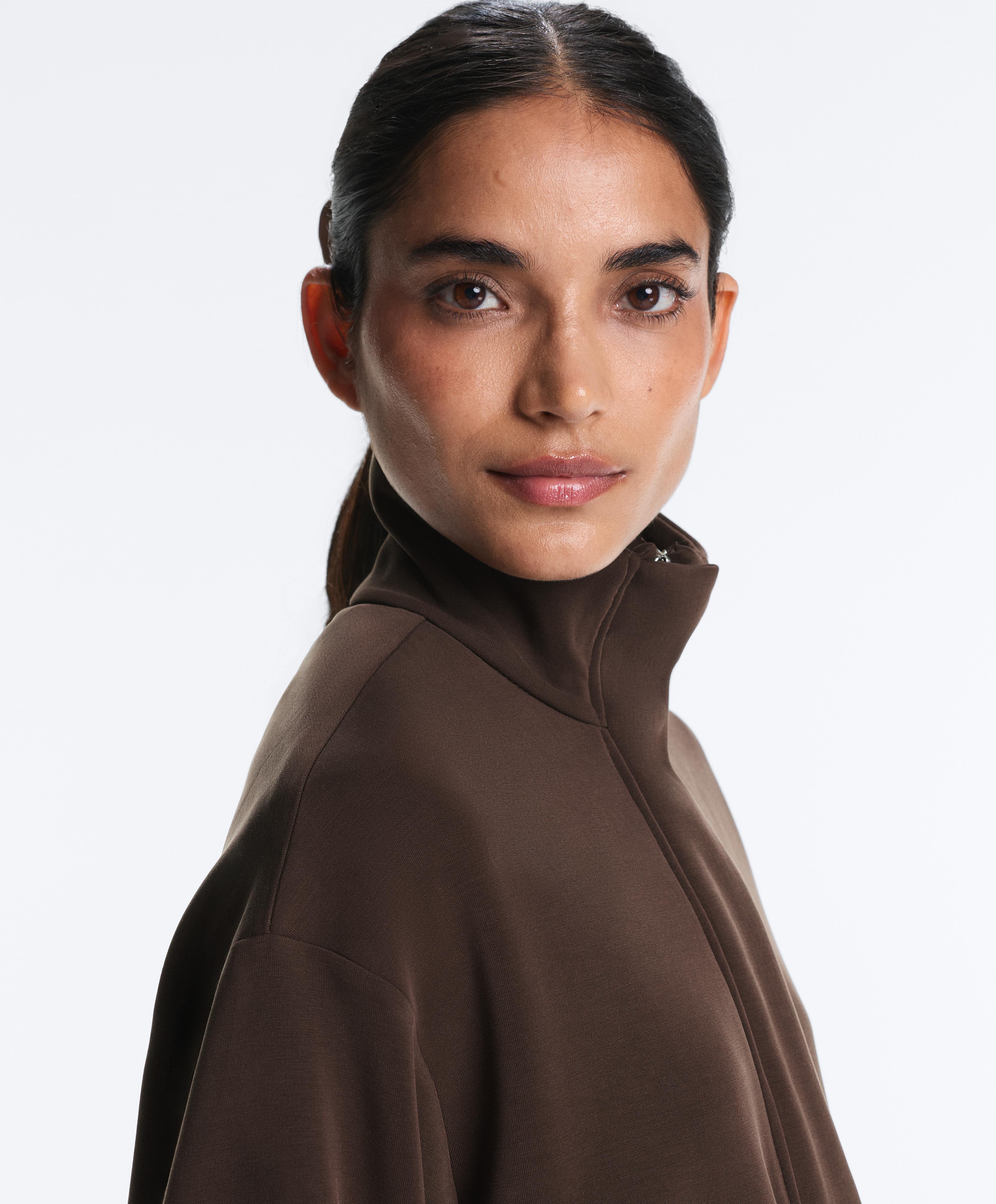 Long soft-touch jacket with modal and pockets — BROWN
