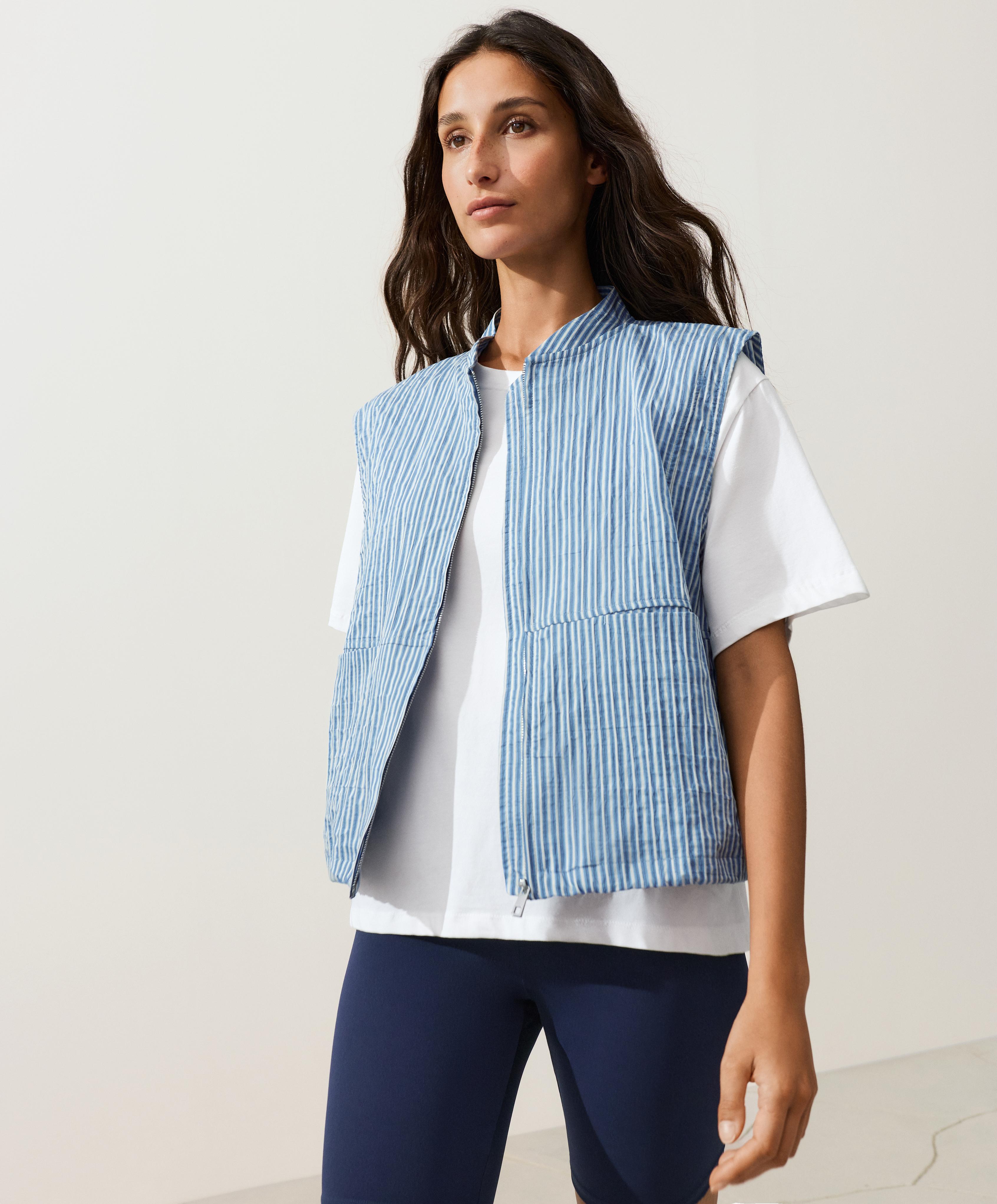 Striped cotton blend vest — MID-BLUE