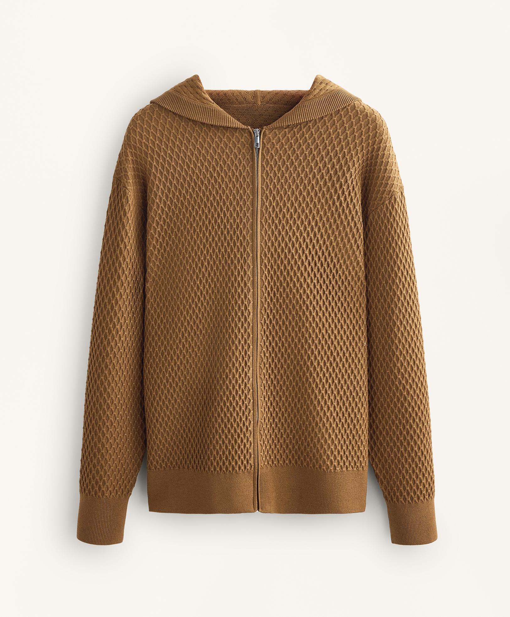 Long structured knit jacket with hood — COPPER