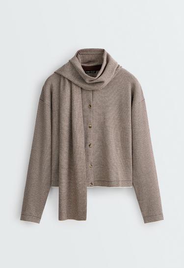 Long sleeve cardigan with scarf detail — TAUPE                    6