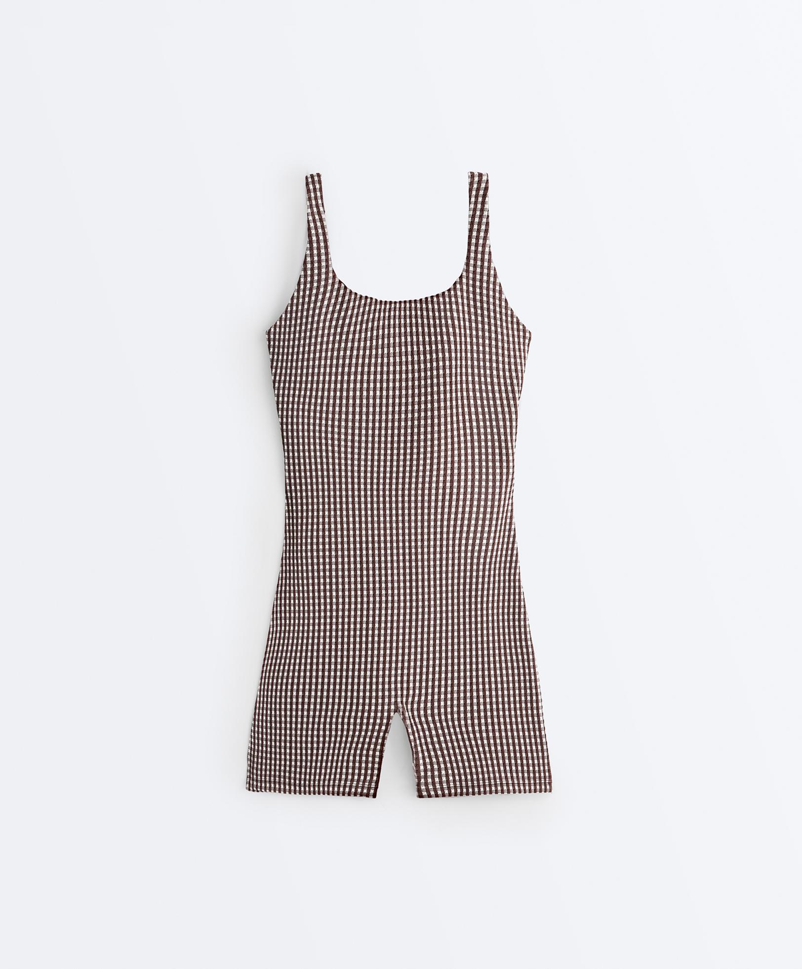 Comfortlux gingham short jumpsuit — DARK REDDISH‑BROWN