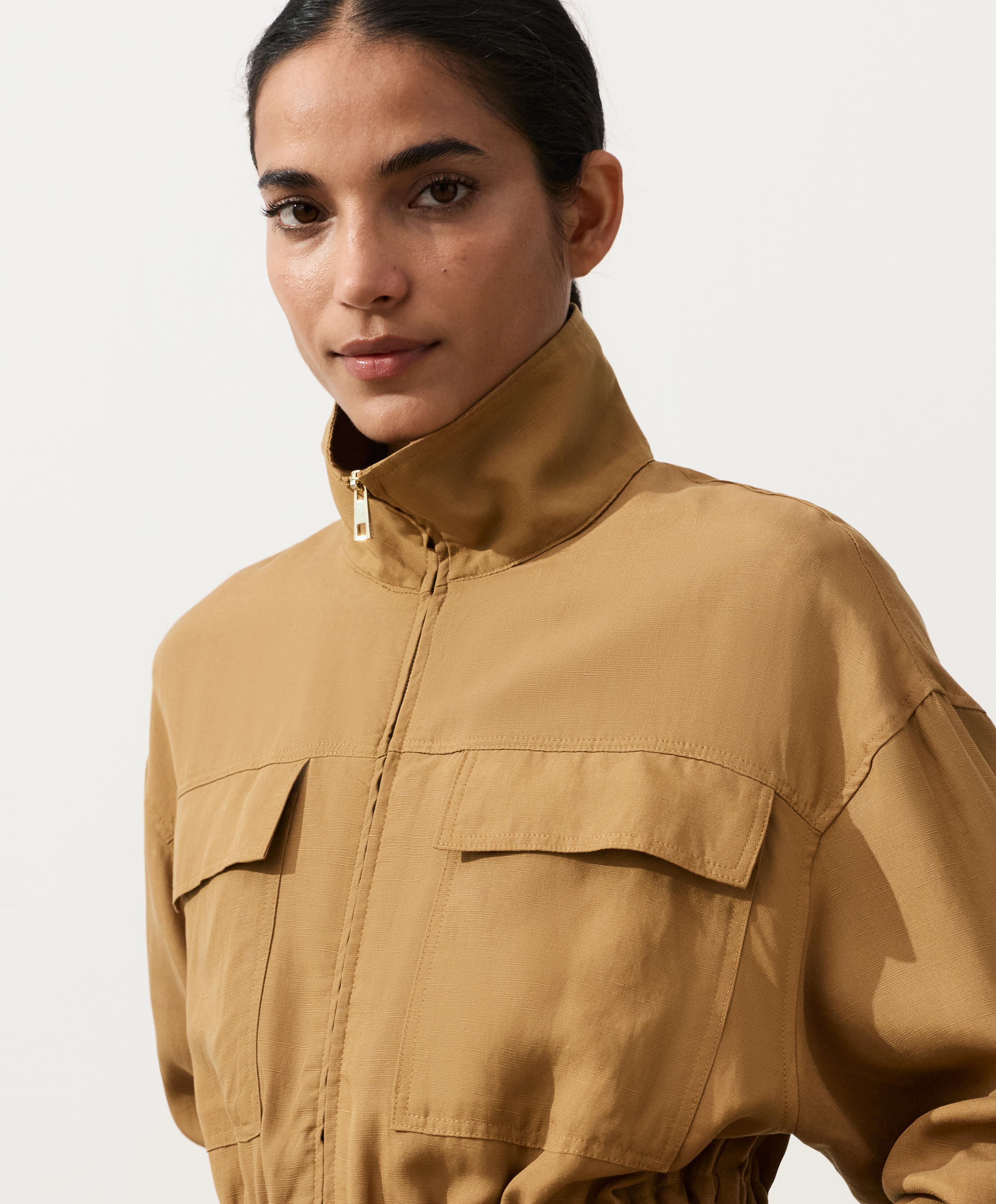 Lyocell and 24% linen blend ruched waist jacket — COPPER