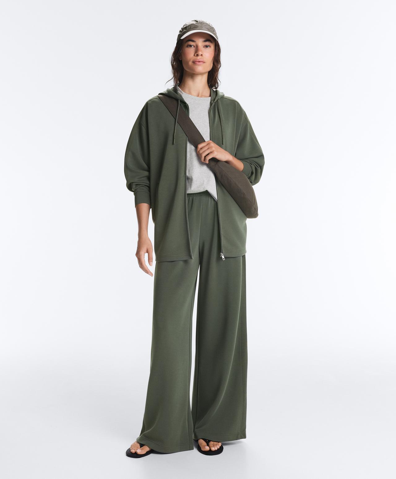 Soft-touch modal wide straight-leg rib trousers — KHAKI