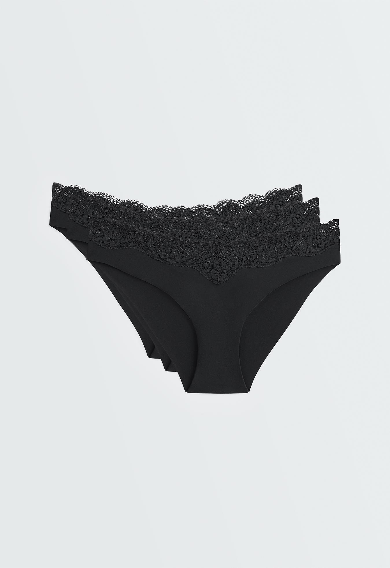 3 laser-cut polyamide blend V-cut lace bikini briefs — BLACK