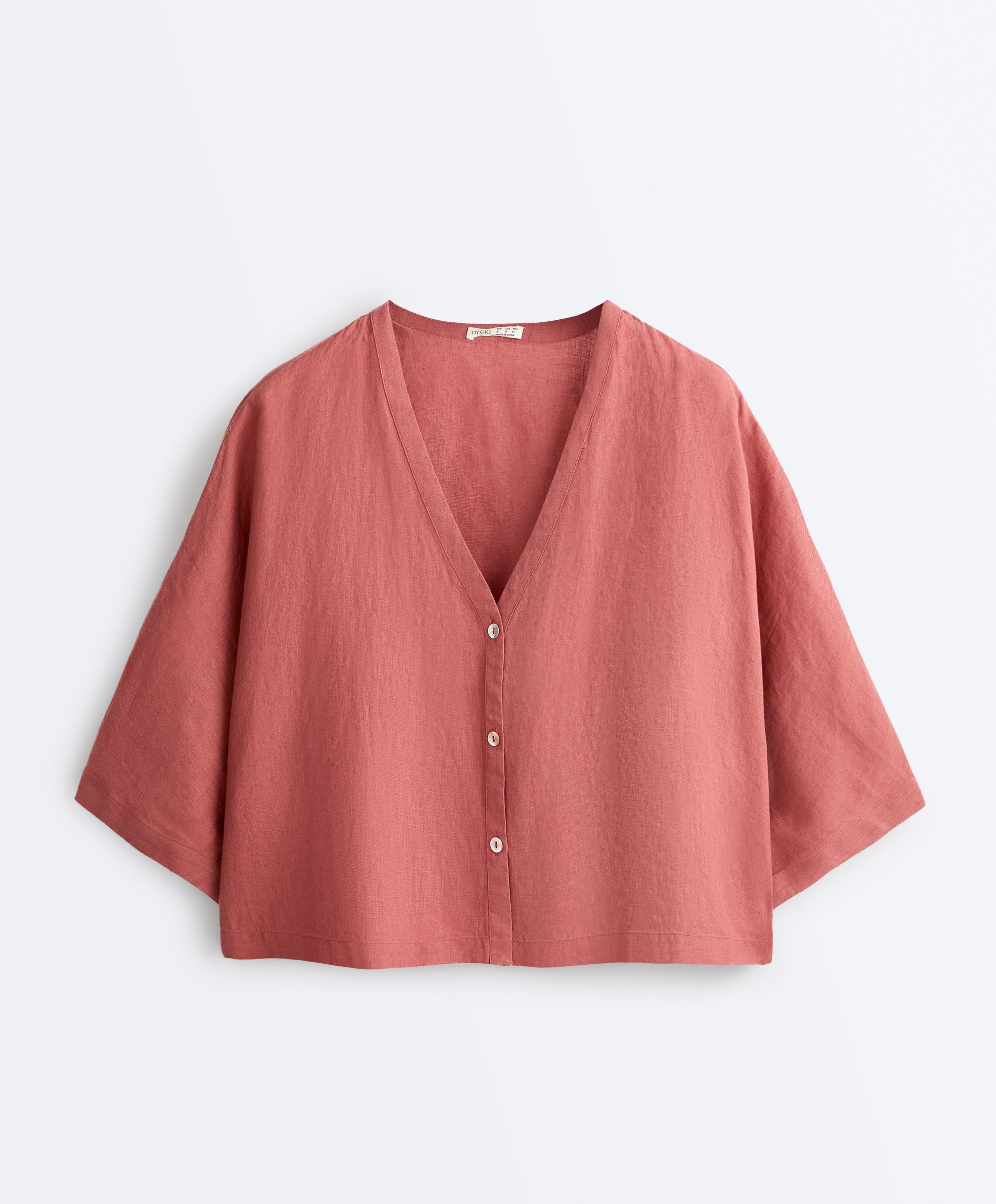 100% linen short-sleeve shirt — CORAL