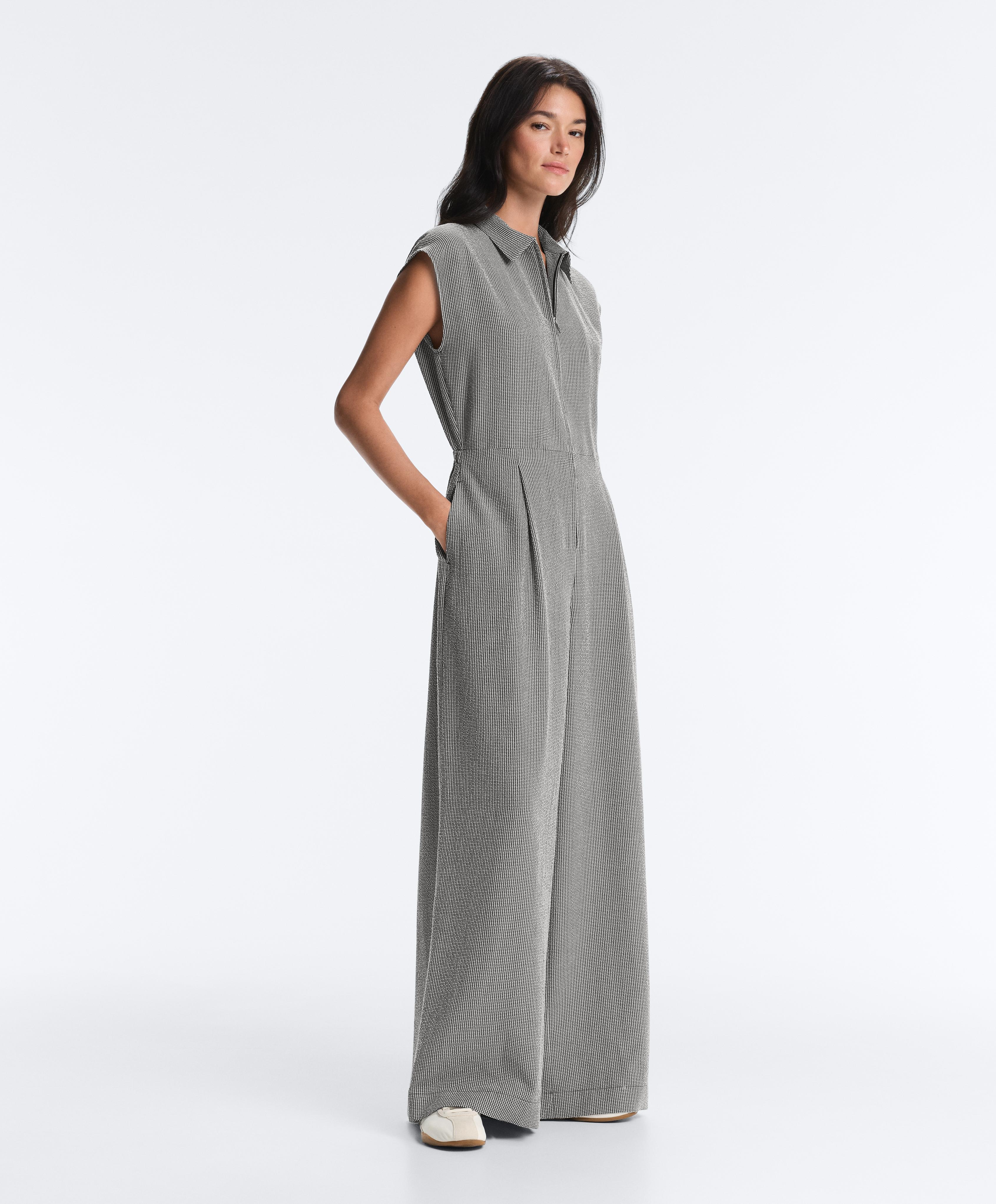Long gingham jumpsuit with lapel collar and lyocell blend — DUSTY BLACK
