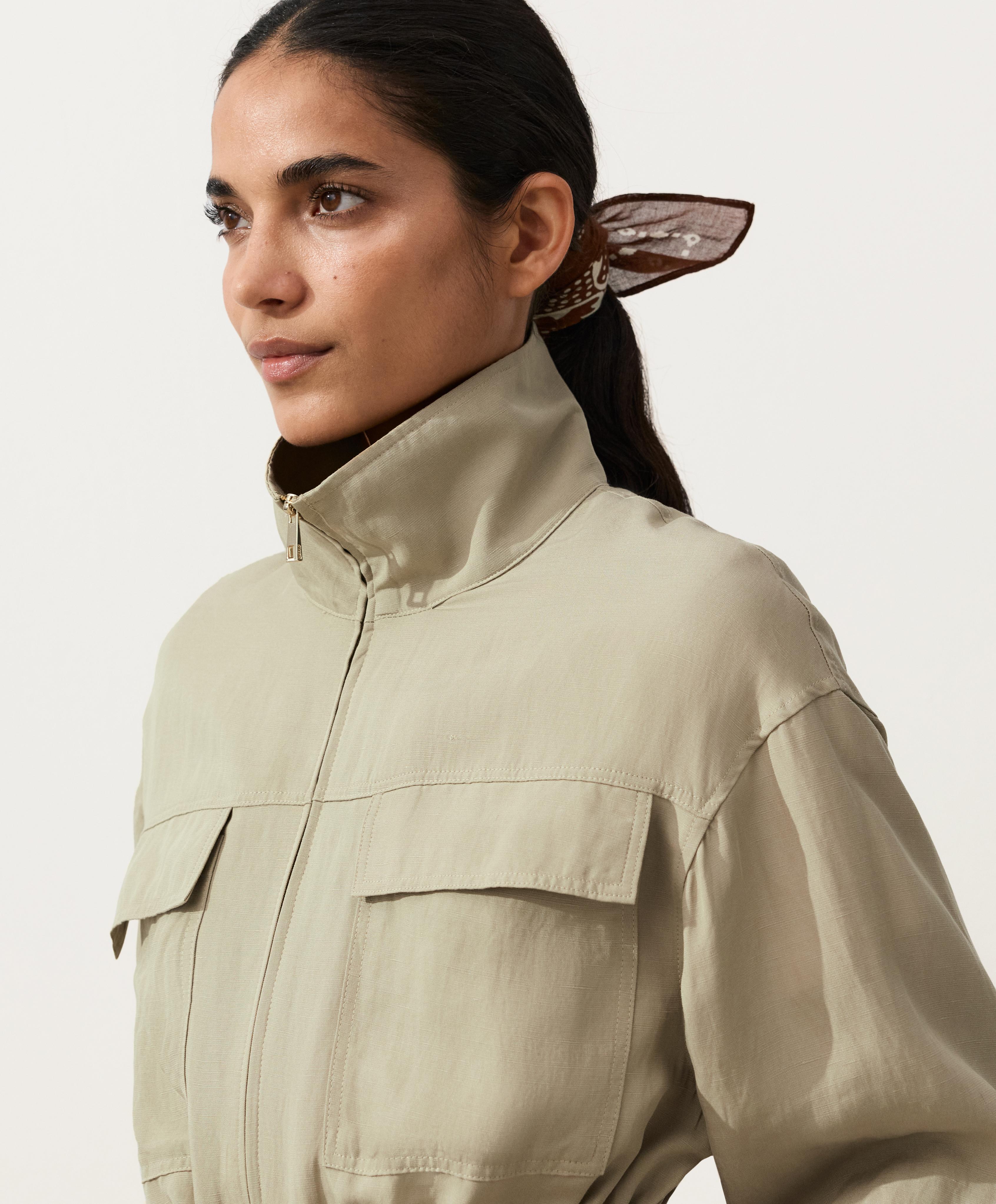 Lyocell and 24% linen blend ruched waist jacket — GREEN BEIGE