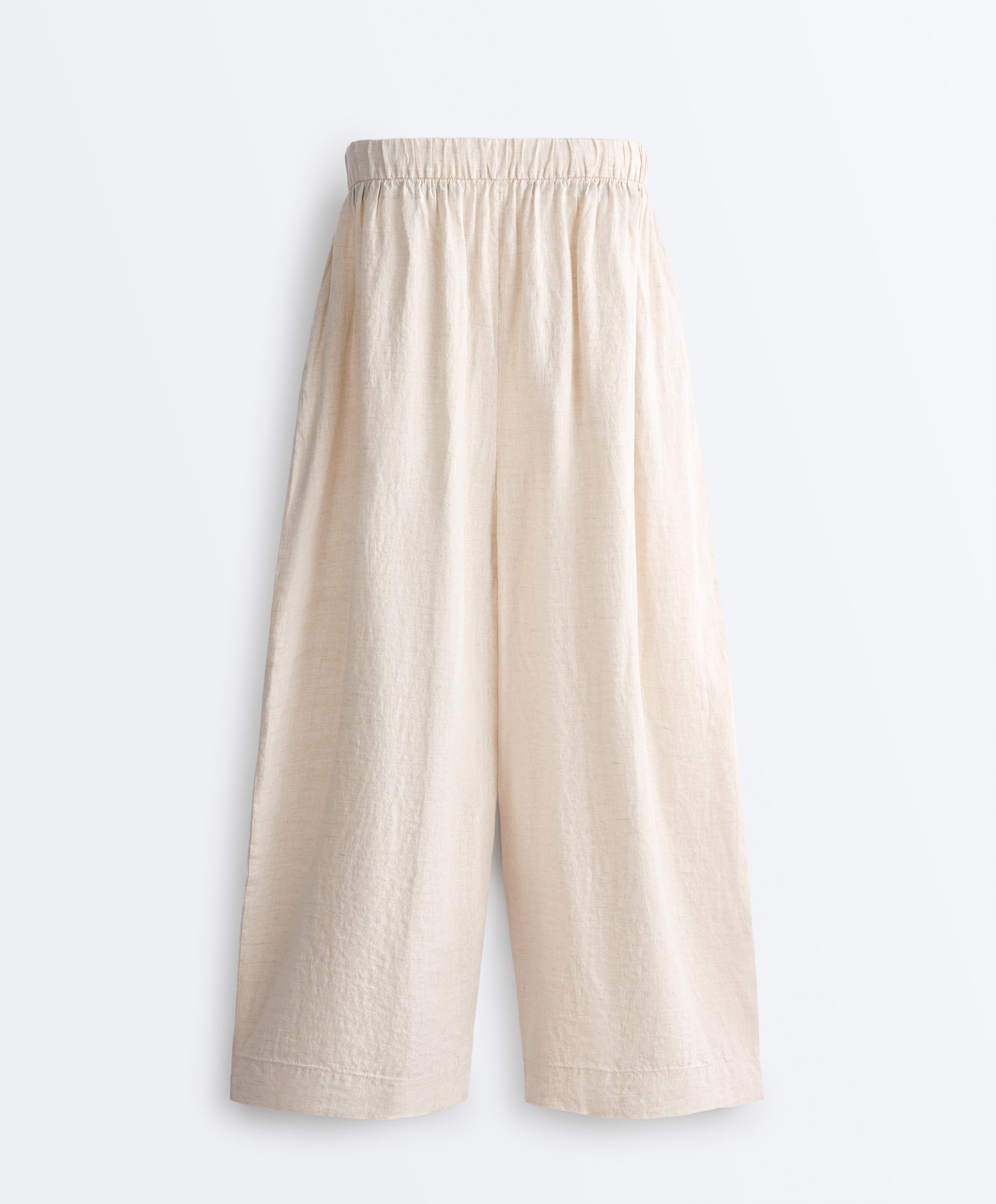 100% linen crop balloon trousers — SAND MELANGE