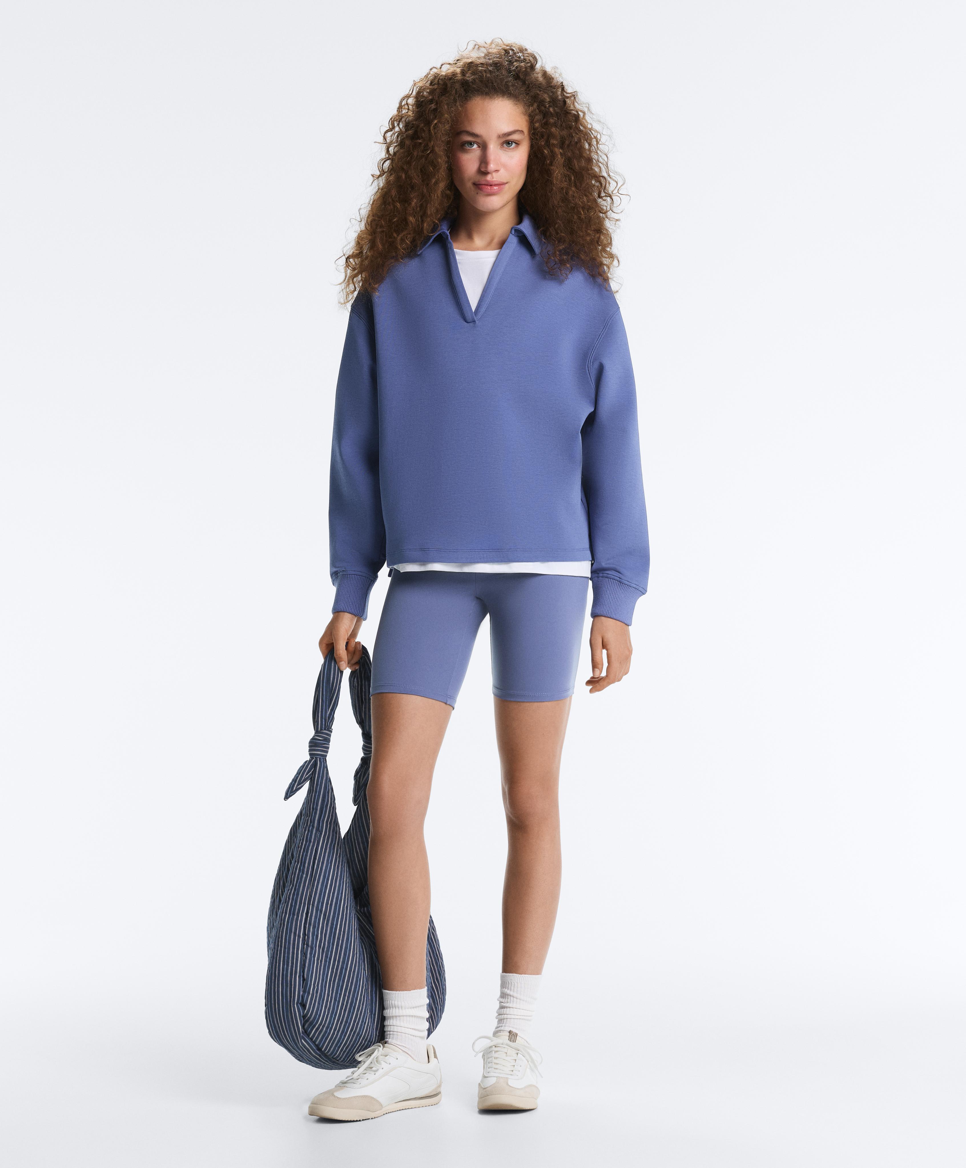 Cotton blend V-neck polo — BRIGHT GREY-BLUE