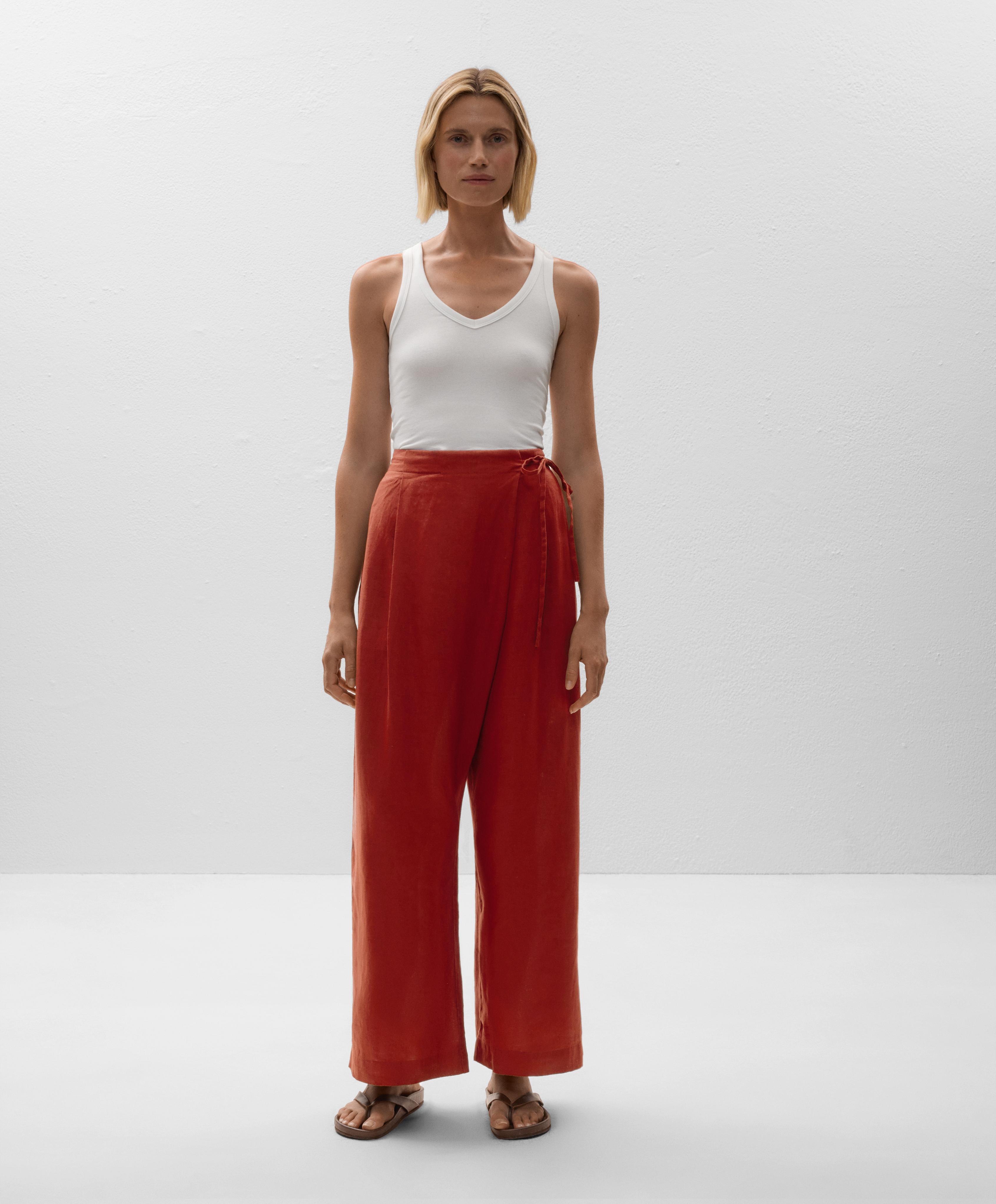 100% linen wide straight-leg trousers with crossover sarong-style wrap - Sale 100% linen wide straight-leg trousers with crossover sarong-style wrap - Sale