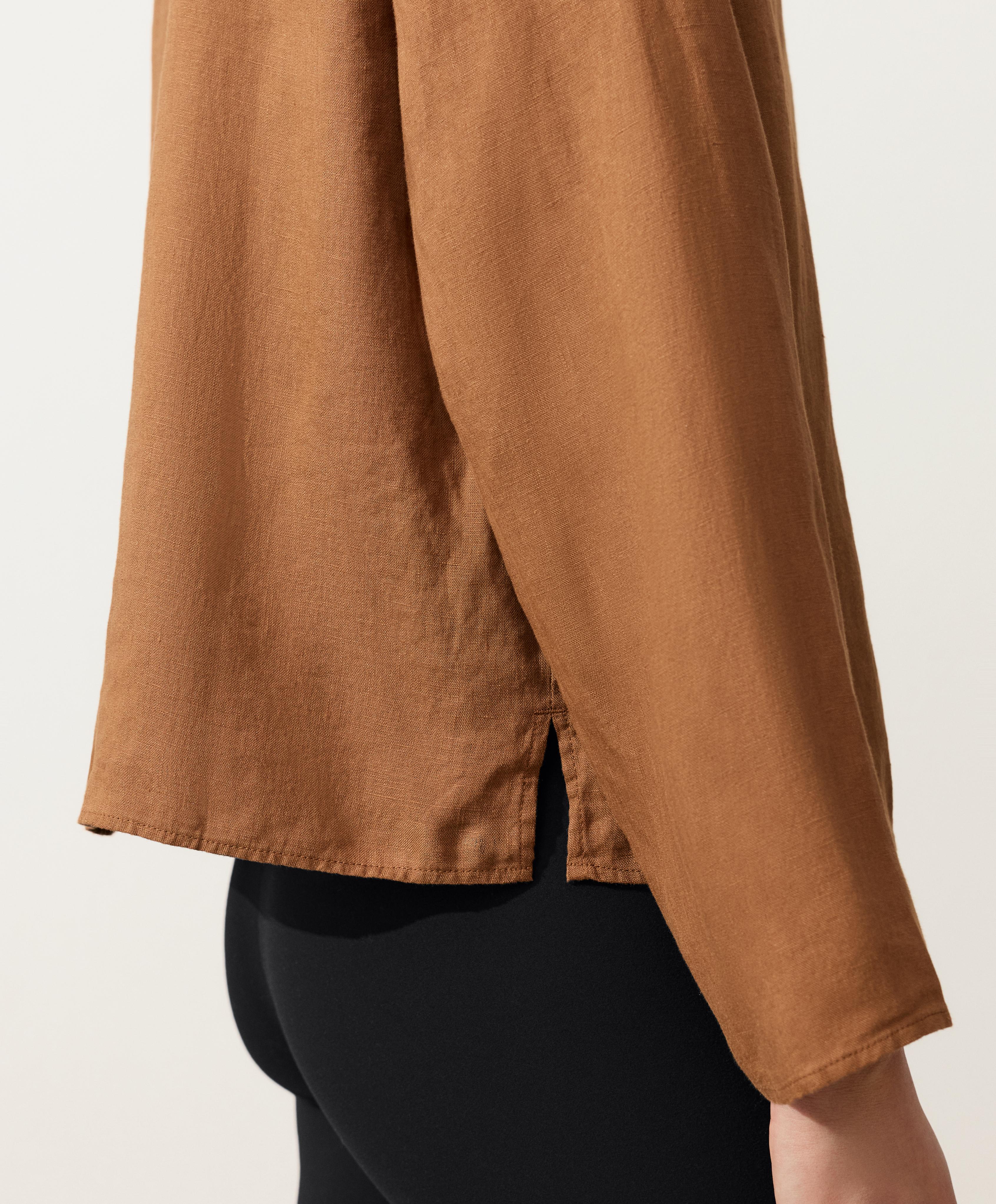 100% linen stand-up collar shirt — TOFFEE