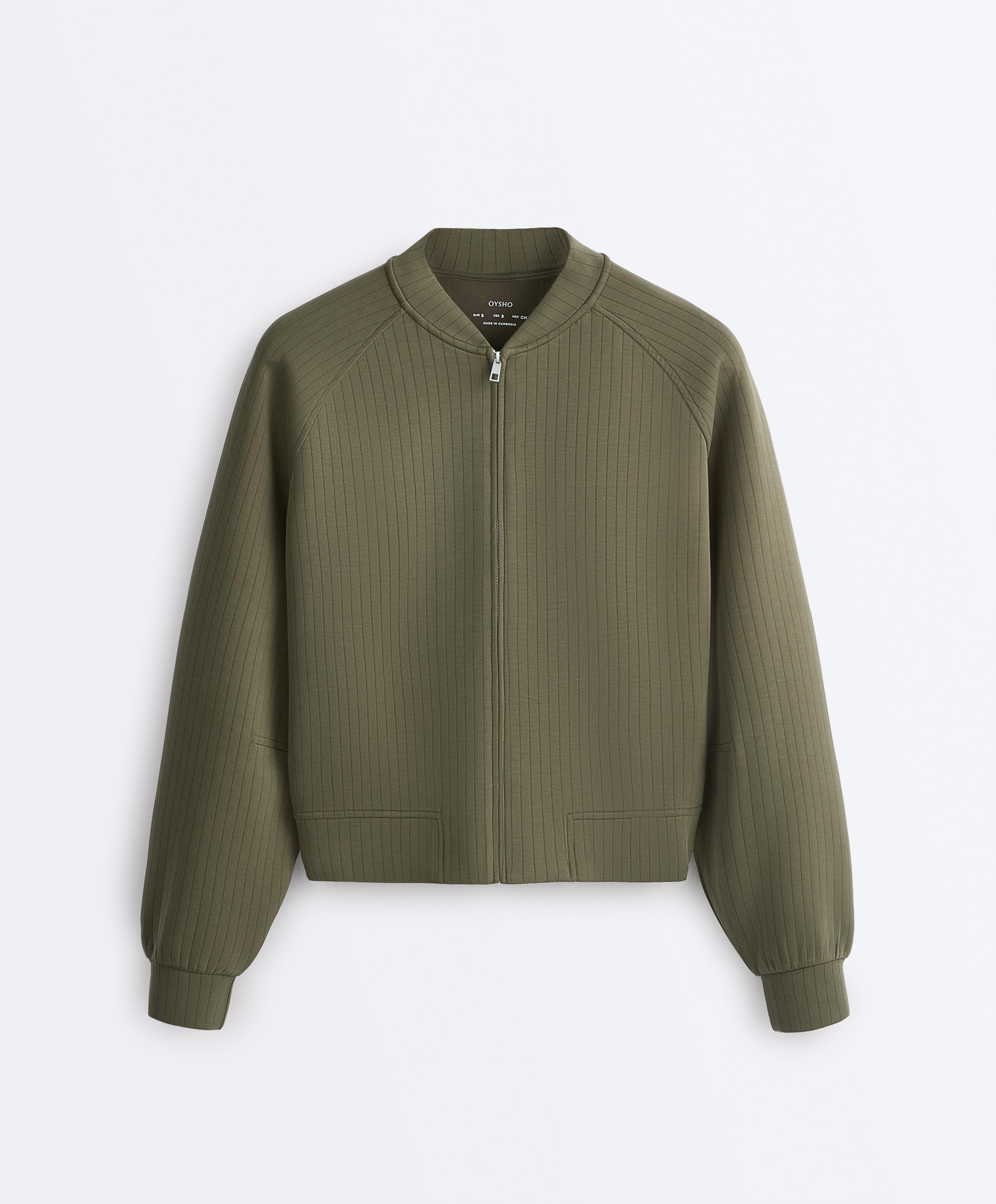 Striped bomber jacket with soft-touch modal — KHAKI