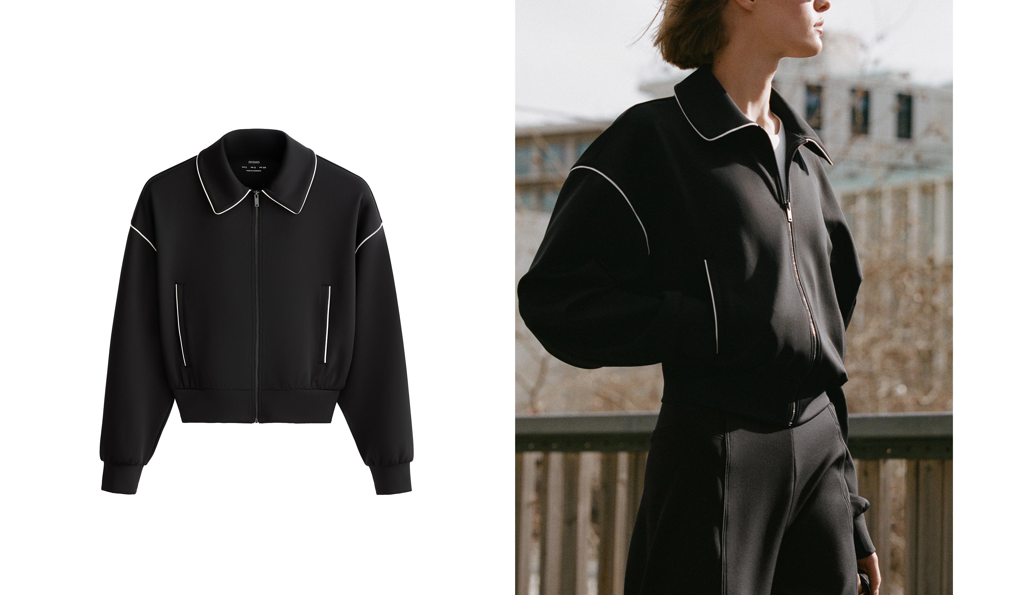 Neoprene-effect piping jacket — BLACK